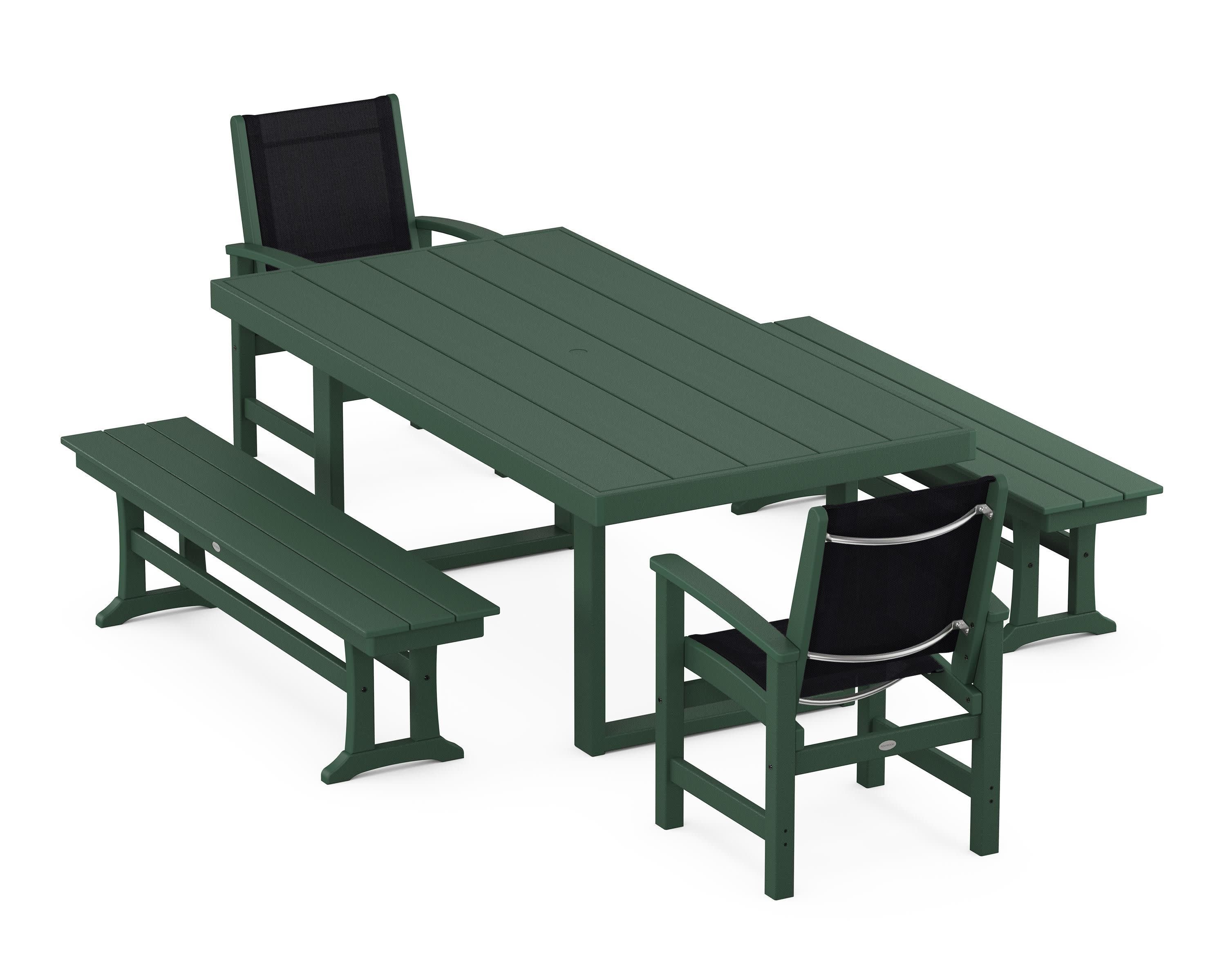 Coastal 5-Piece Dining Set with Trestle Legs in Green / Black Sling