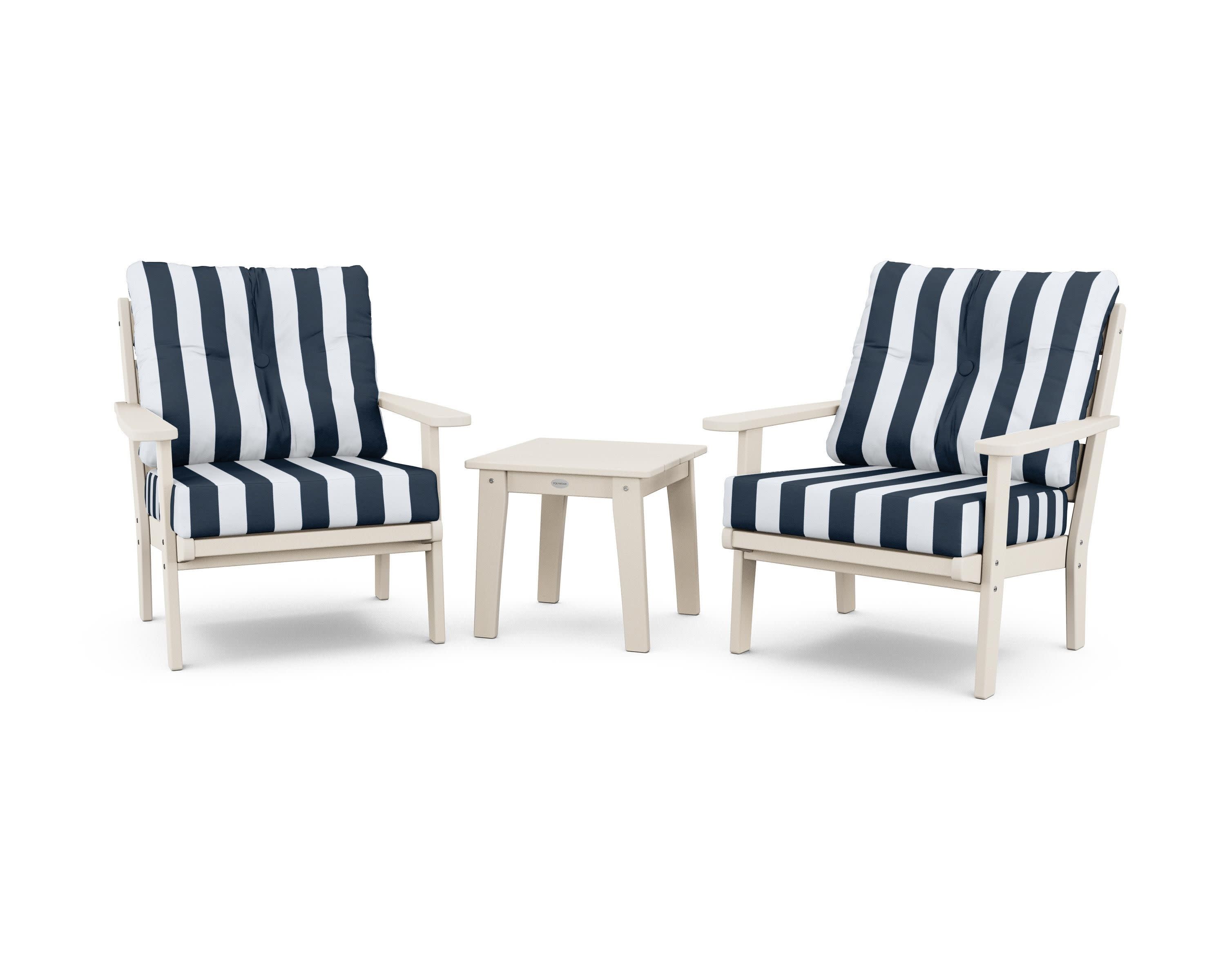 Lakeside 3-Piece Deep Seating Chair Set in Sand / Cabana Stripe Marine Indigo