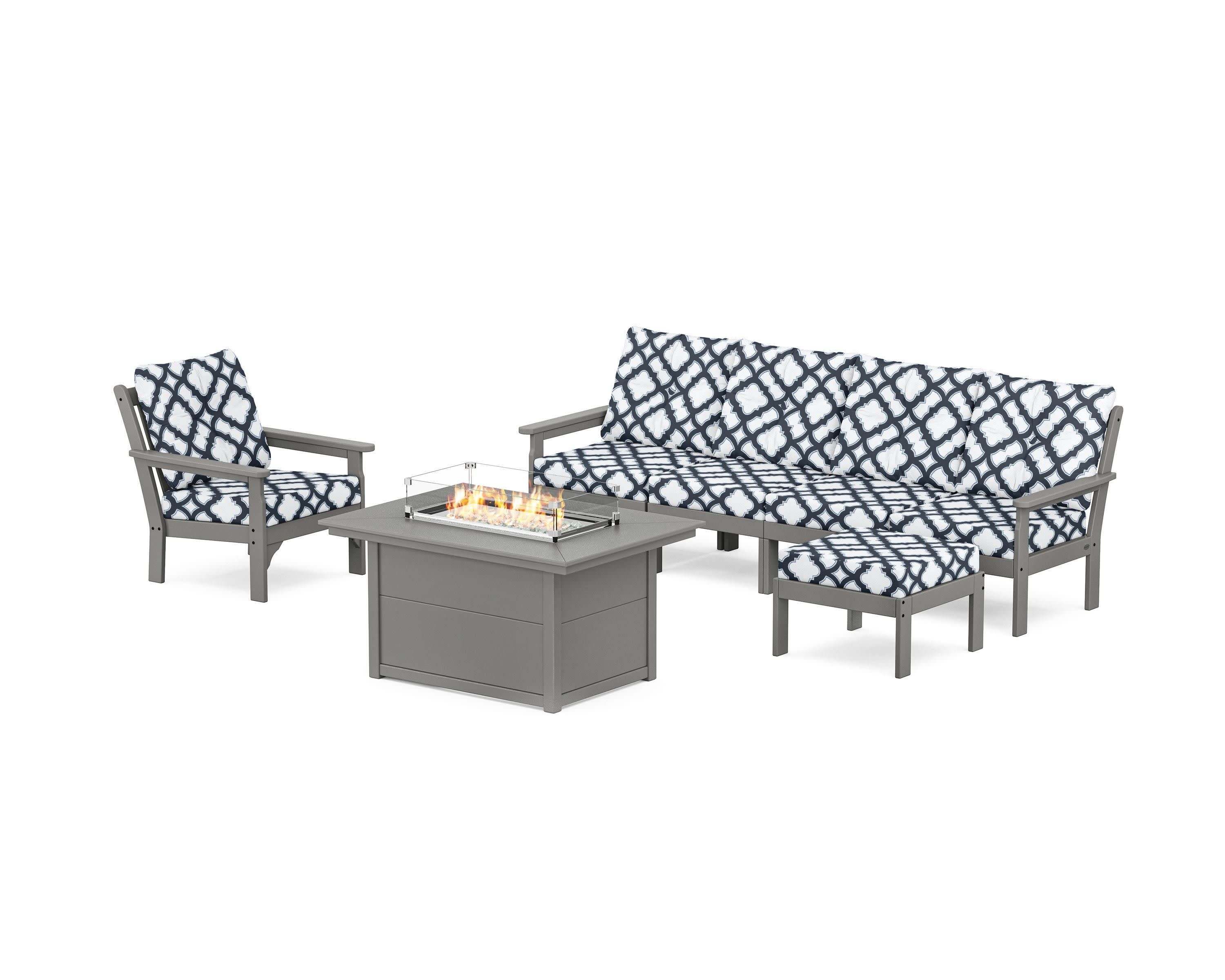 Vineyard Sectional Lounge and Fire Pit Set in Slate Grey / Trellis Marine Indigo