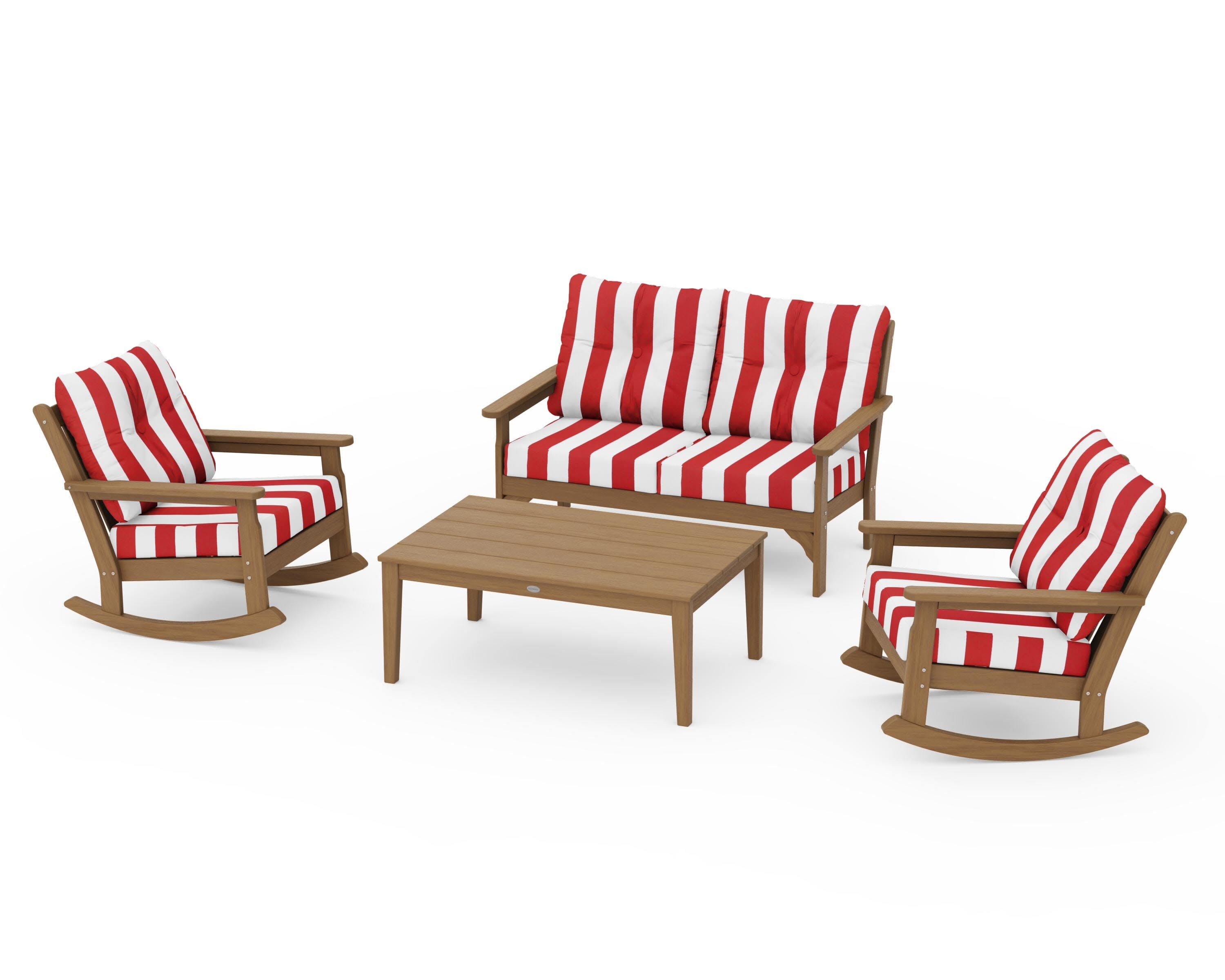 Vineyard 4-Piece Deep Seating Rocking Chair Set in Natural / Cabana Stripe Crimson