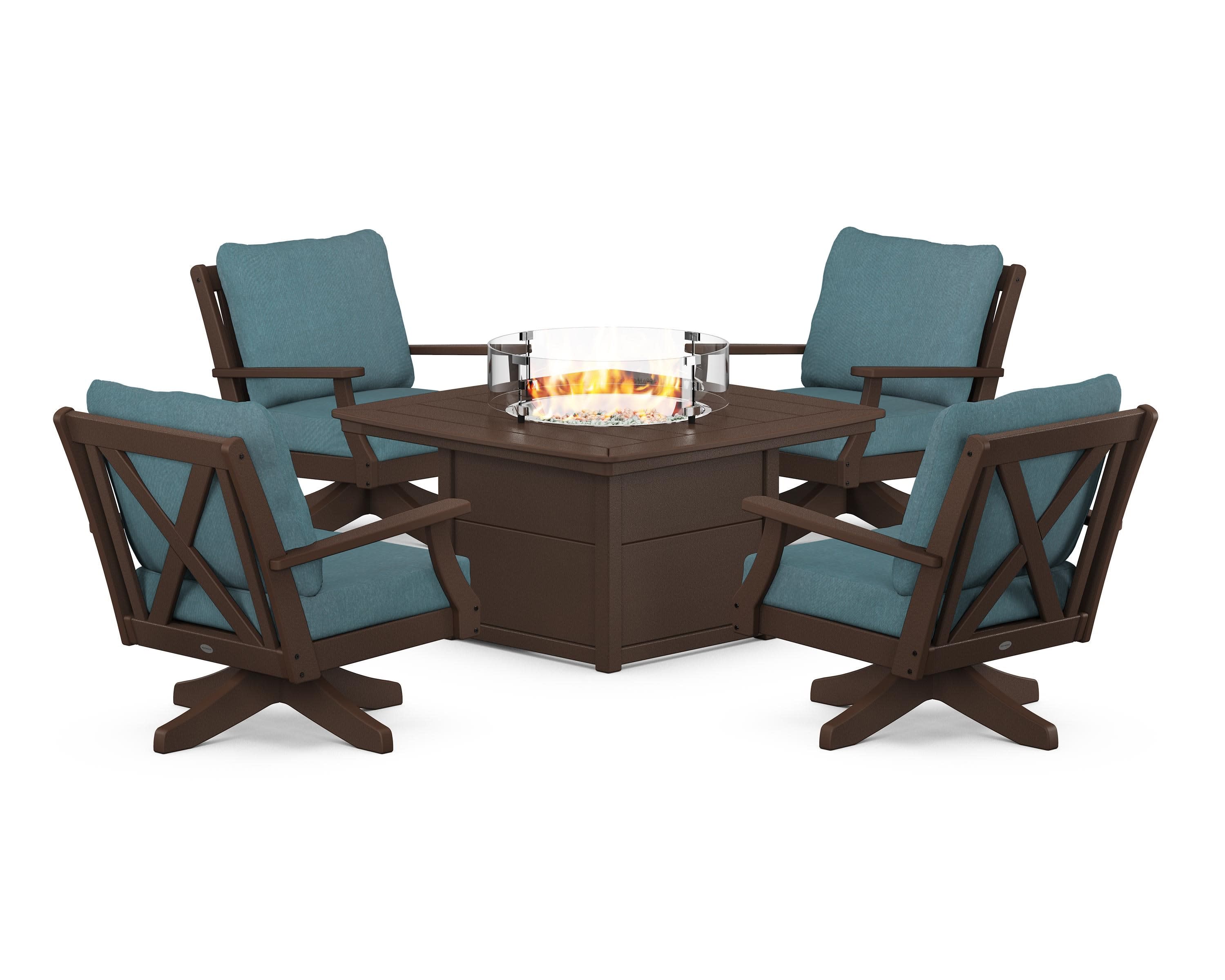 Braxton 5-Piece Deep Seating Swivel Conversation Set with Fire Pit Table in Mahogany / Ocean Teal