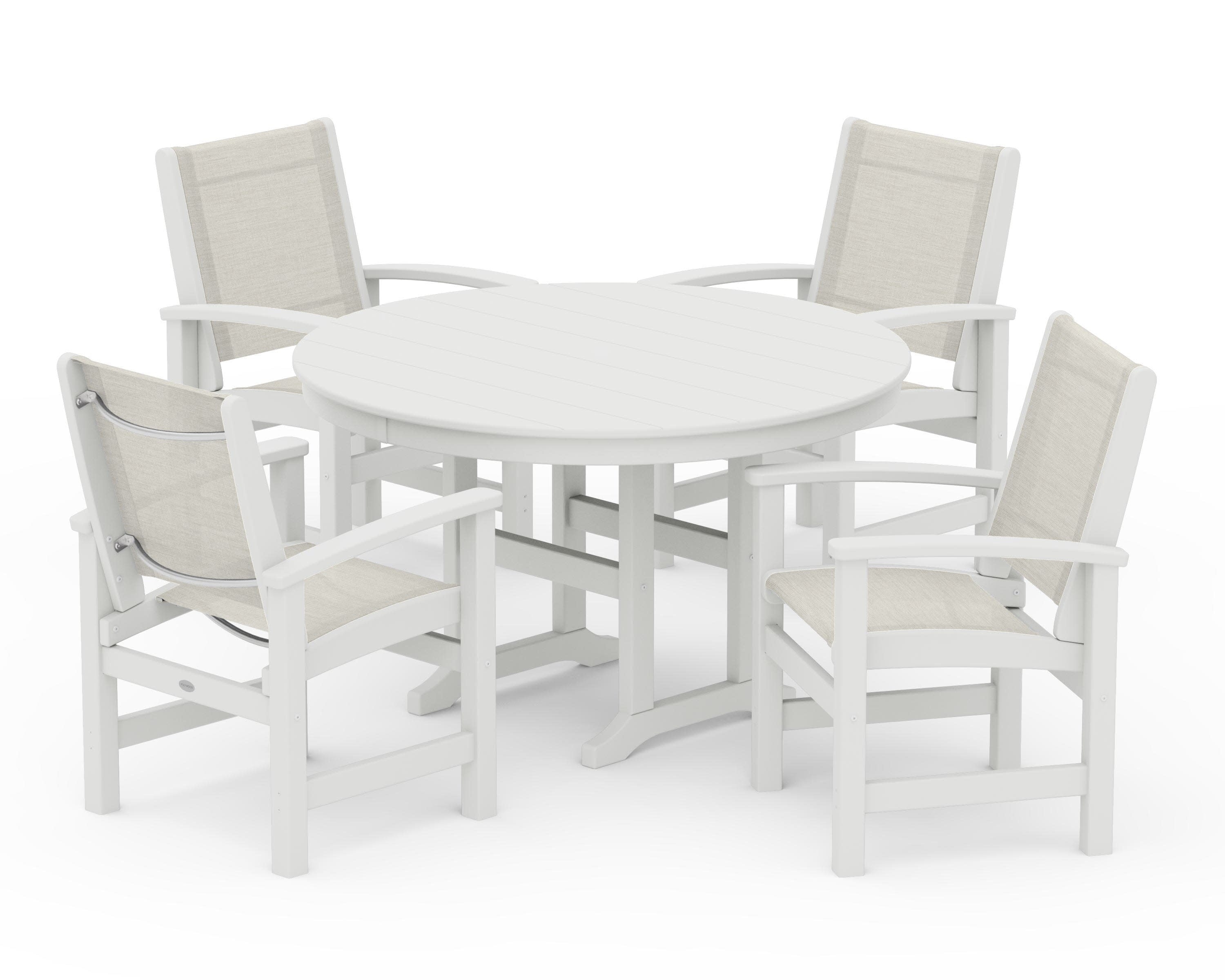 Coastal 5-Piece Round Farmhouse Dining Set in Vintage White / Parchment Sling