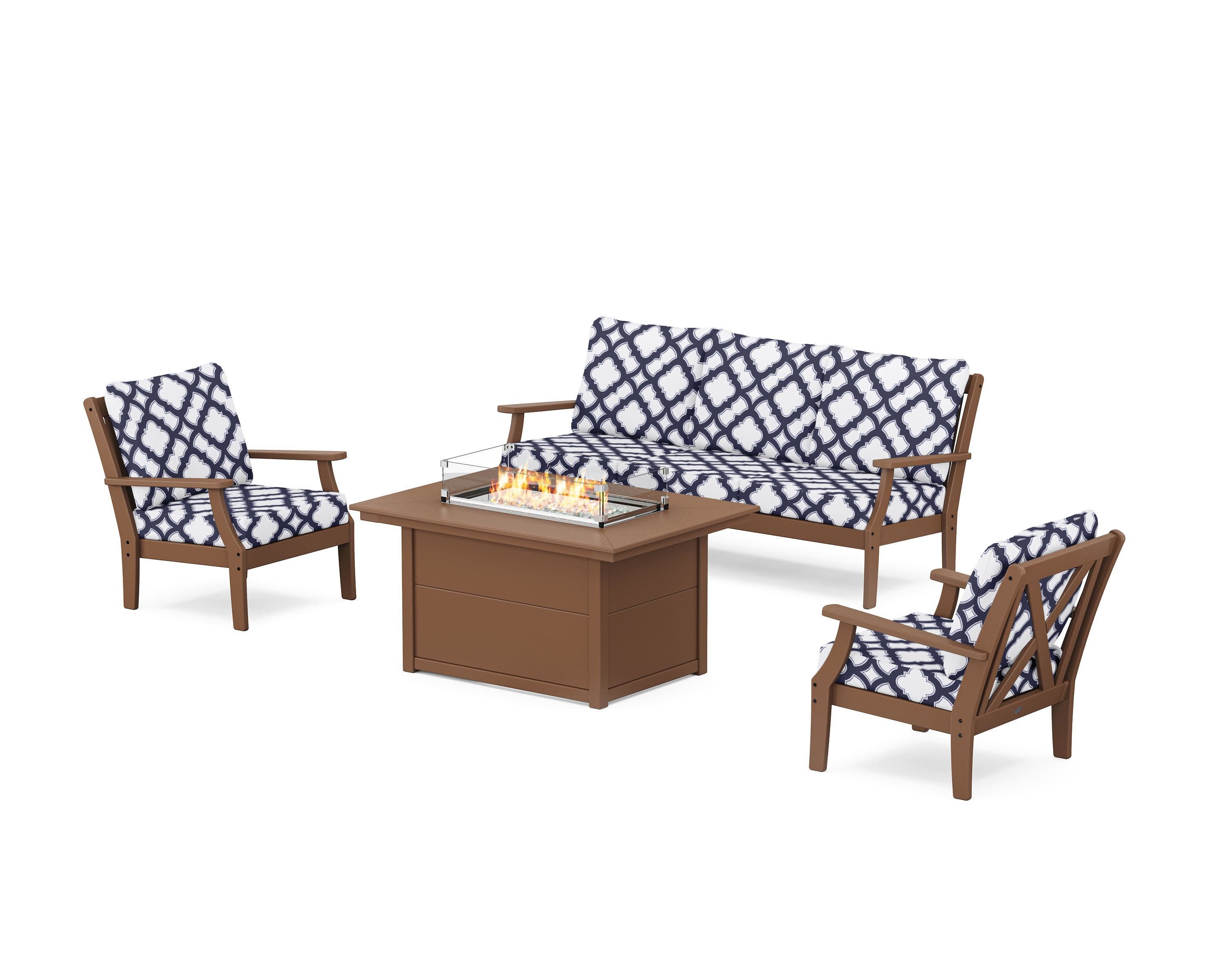 Braxton Deep Seating Fire Pit Table Set in Teak / Trellis Navy