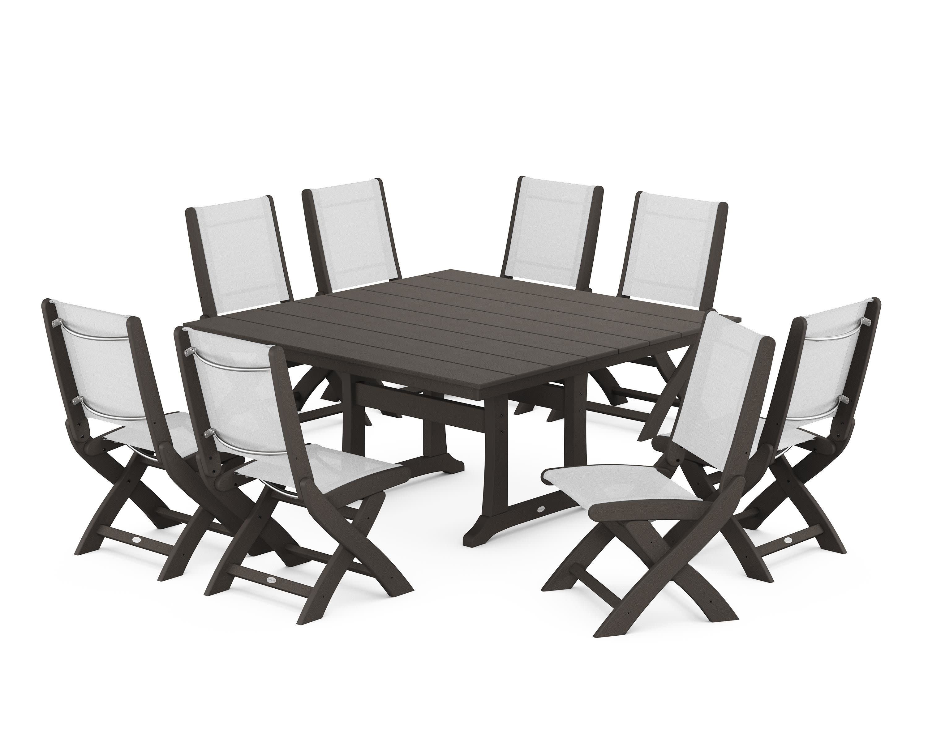 Coastal Folding Side Chair 9-Piece Farmhouse Dining Set in Vintage Coffee / White Sling