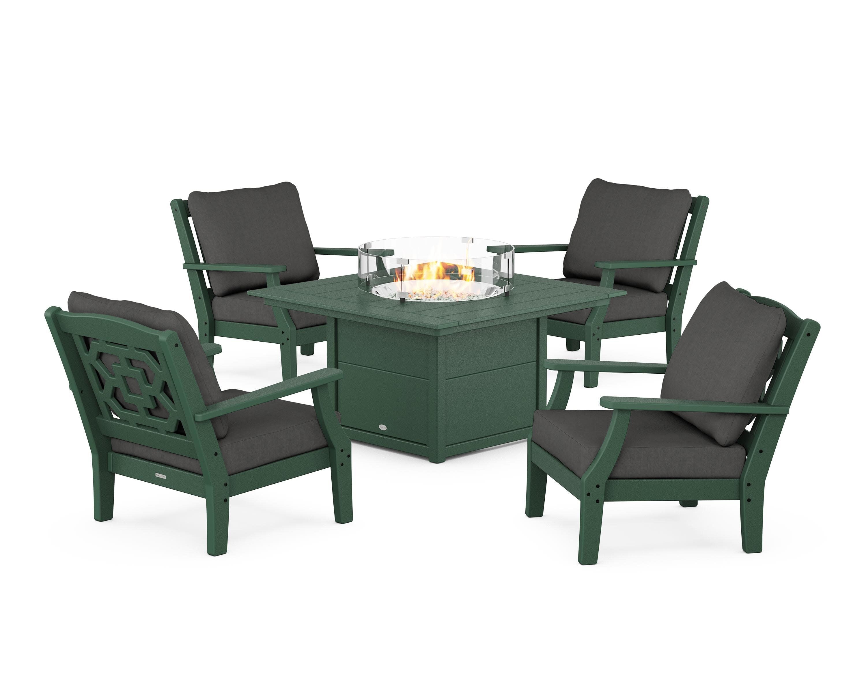 Chinoiserie 5-Piece Deep Seating Set with Fire Pit Table in Green / Spectrum Carbon