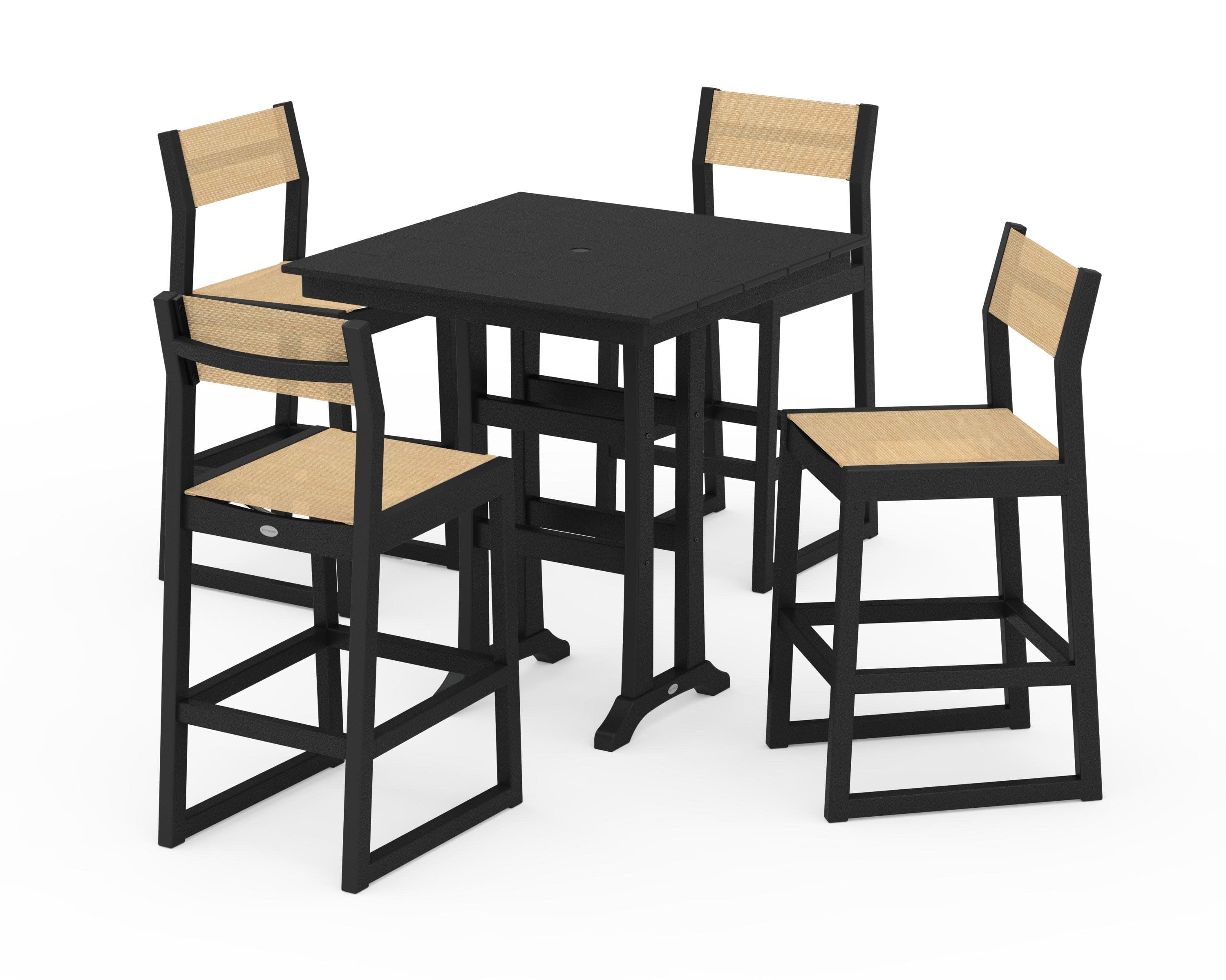 EDGE Sling Arm Chair 5-Piece Farmhouse Bar Set with Trestle Legs in Black / Dupioni Apricot Sling