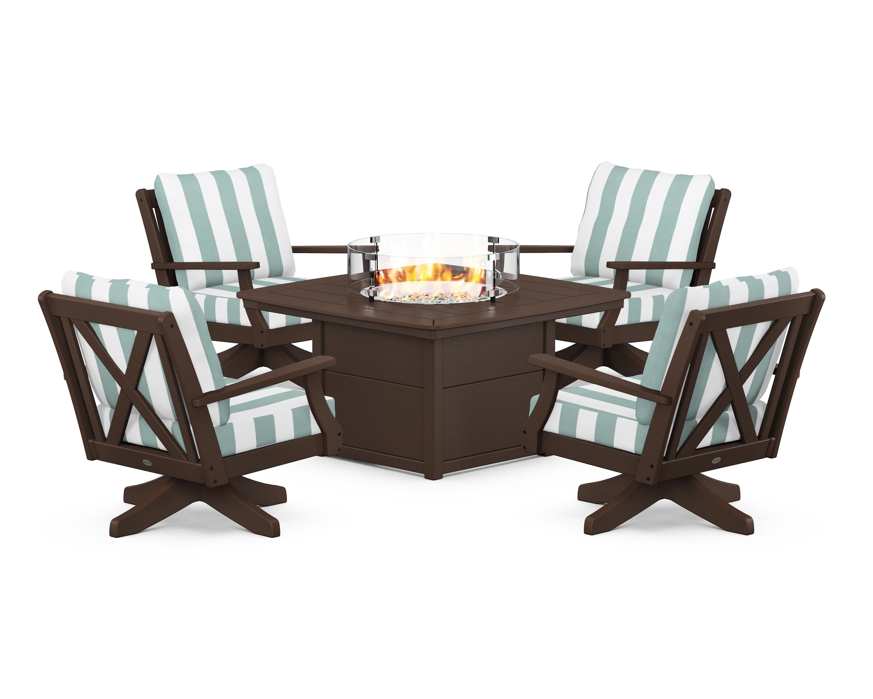 Braxton 5-Piece Deep Seating Swivel Conversation Set with Fire Pit Table in Mahogany / Cabana Stripe Glacier Spa