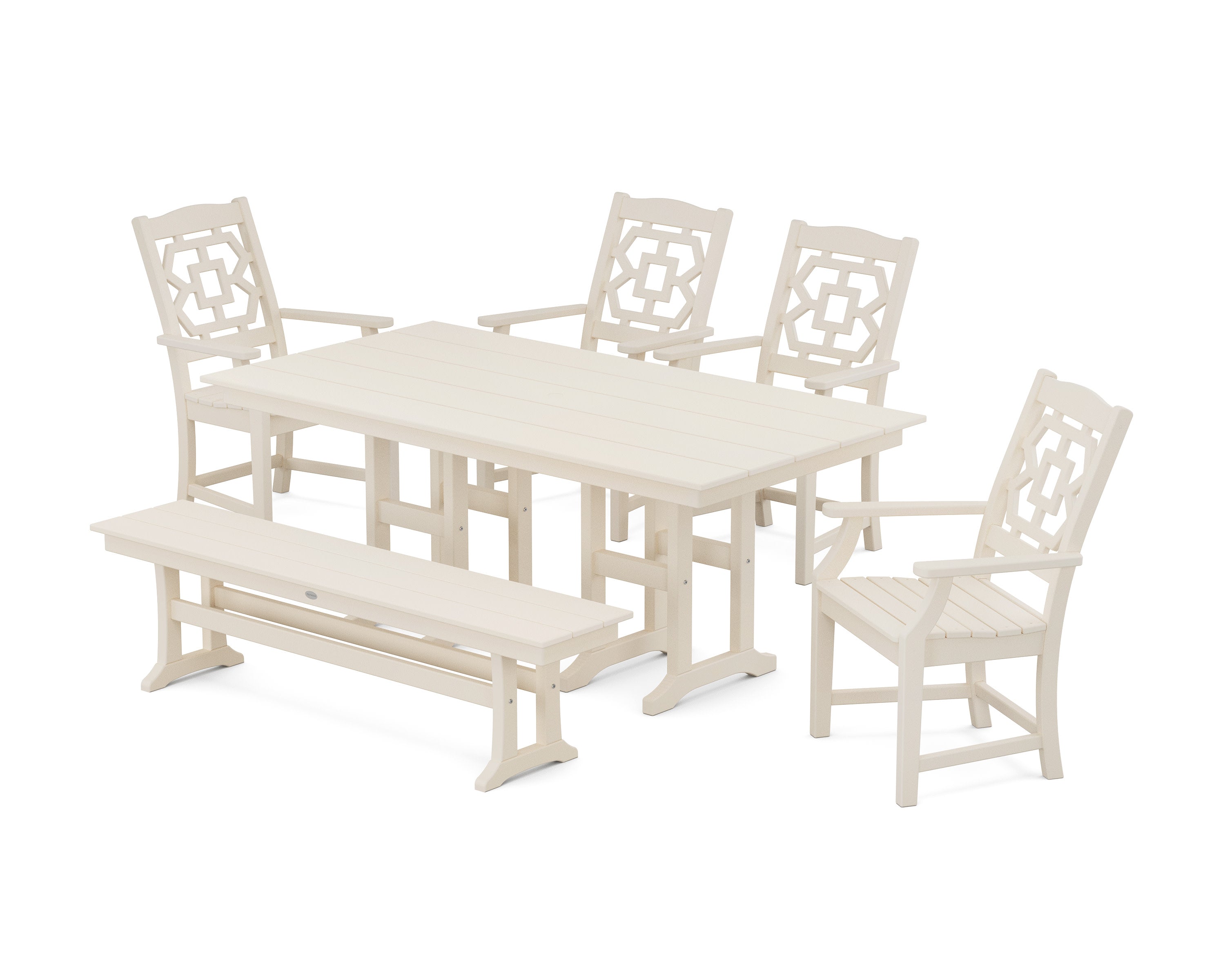 Chinoiserie 6-Piece Farmhouse Dining Set with Bench in Sand