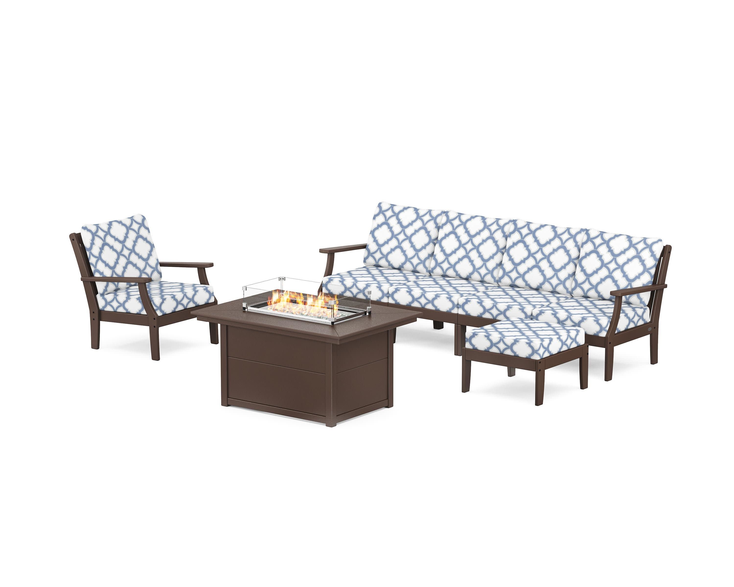 Braxton Sectional Lounge and Fire Pit Set in Mahogany / Trellis Sky Blue