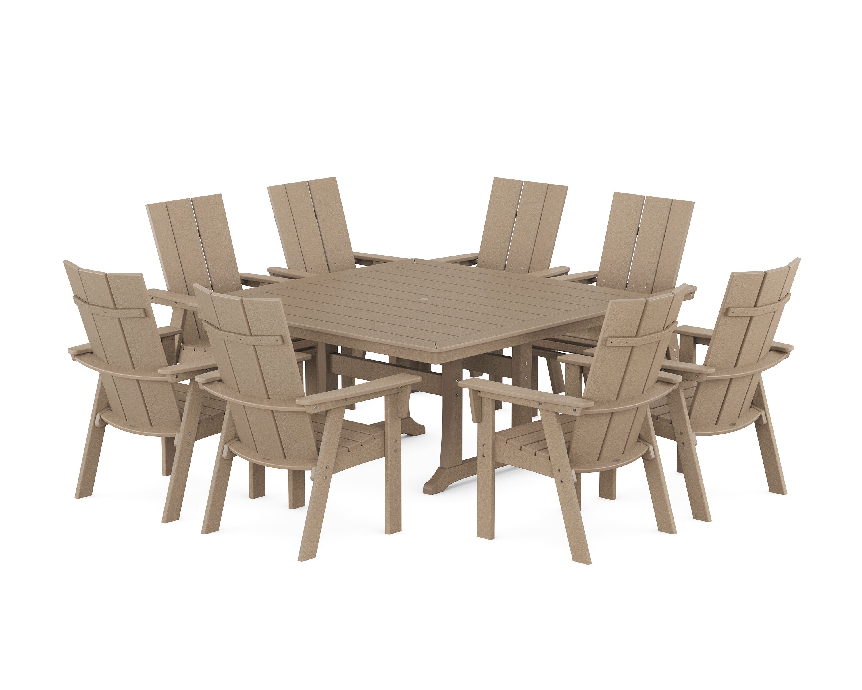 Modern Curveback Adirondack 9-Piece Square Dining Set with Trestle Legs in Vintage Sahara