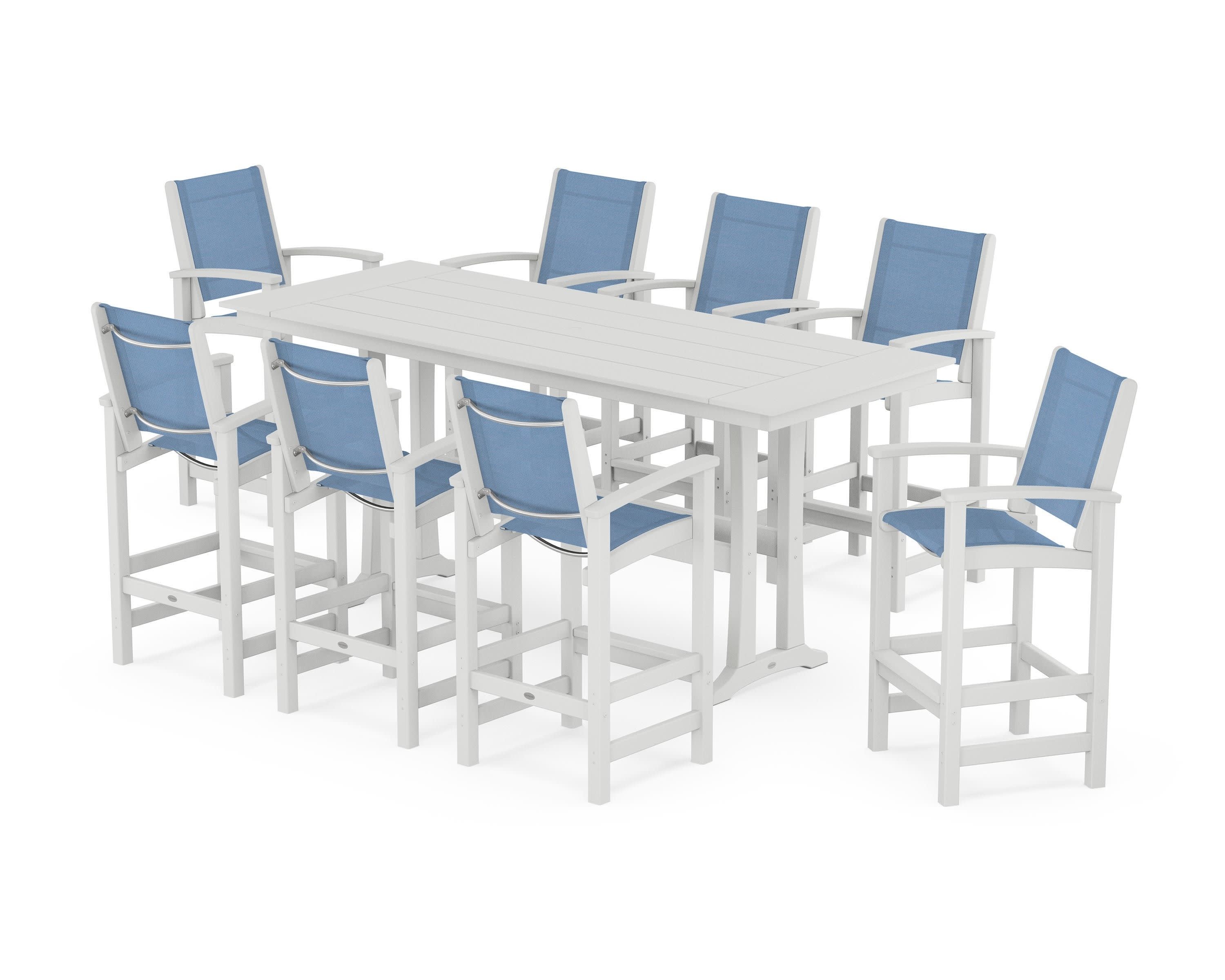 Coastal 9-Piece Farmhouse Bar Set with Trestle Legs in White / Poolside Sling