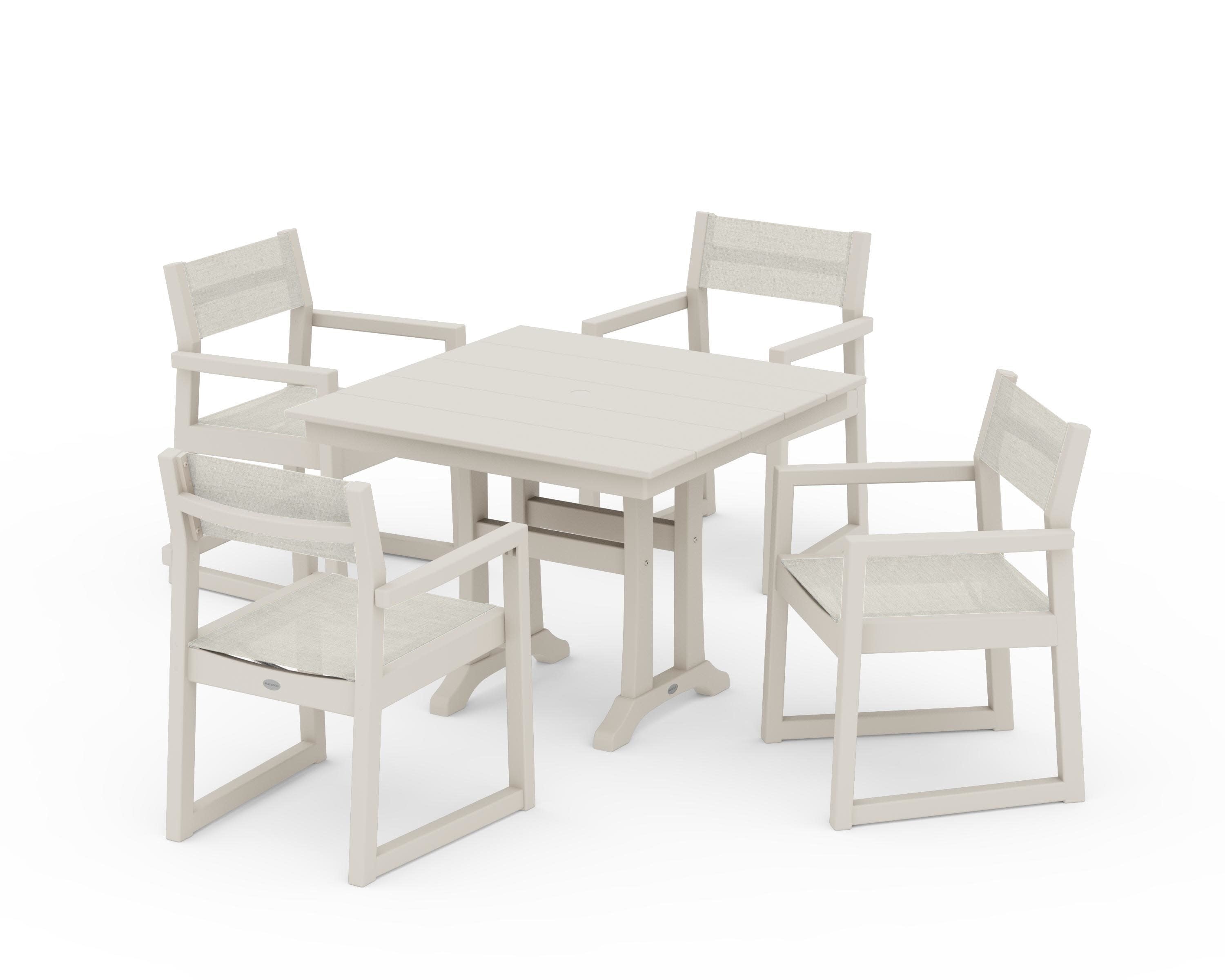 EDGE Sling 5-Piece Farmhouse Dining Set with Trestle Legs in Sand / Parchment Sling