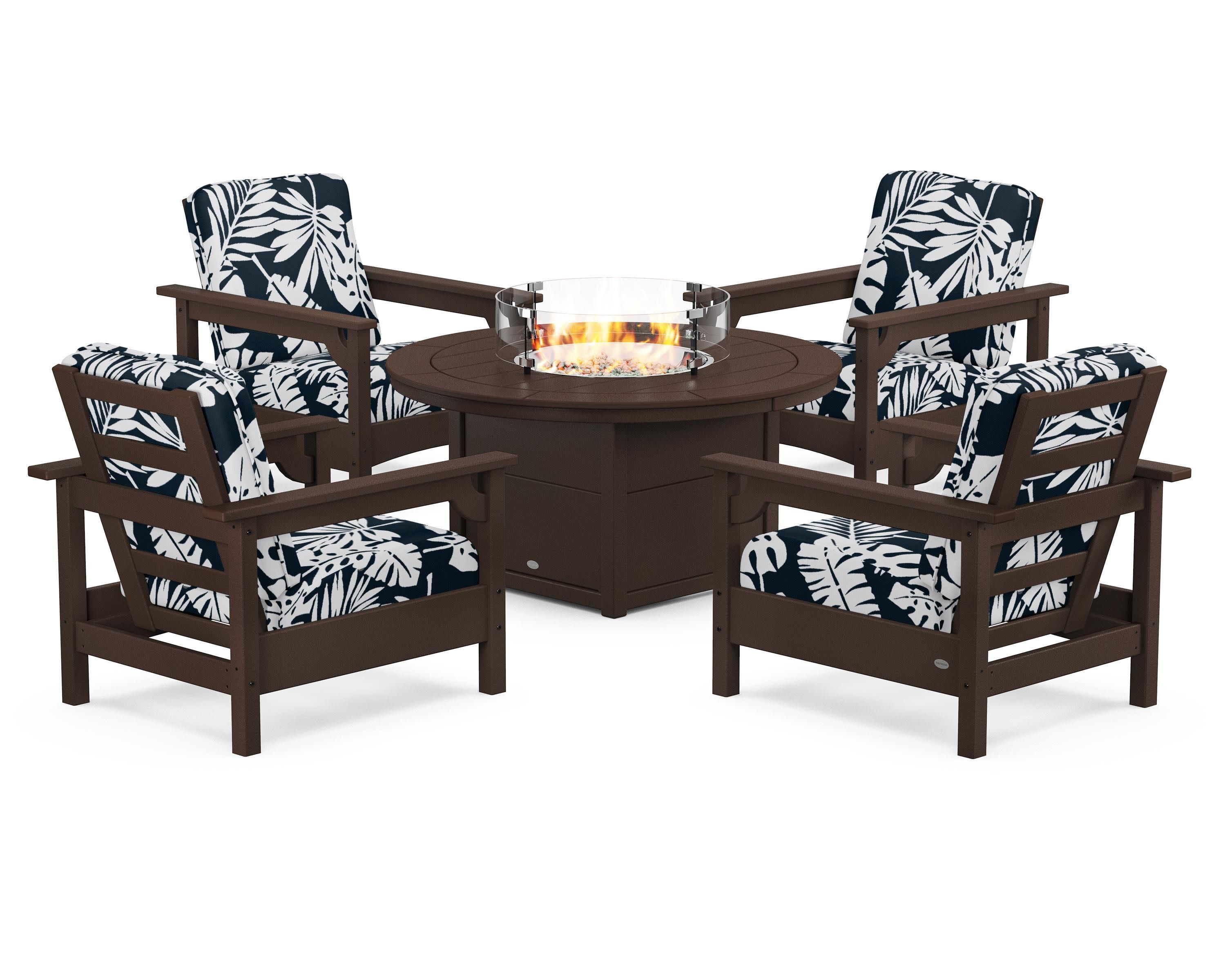 Club 5-Piece Conversation Set with Fire Pit Table in Mahogany / Leaf Marine Indigo