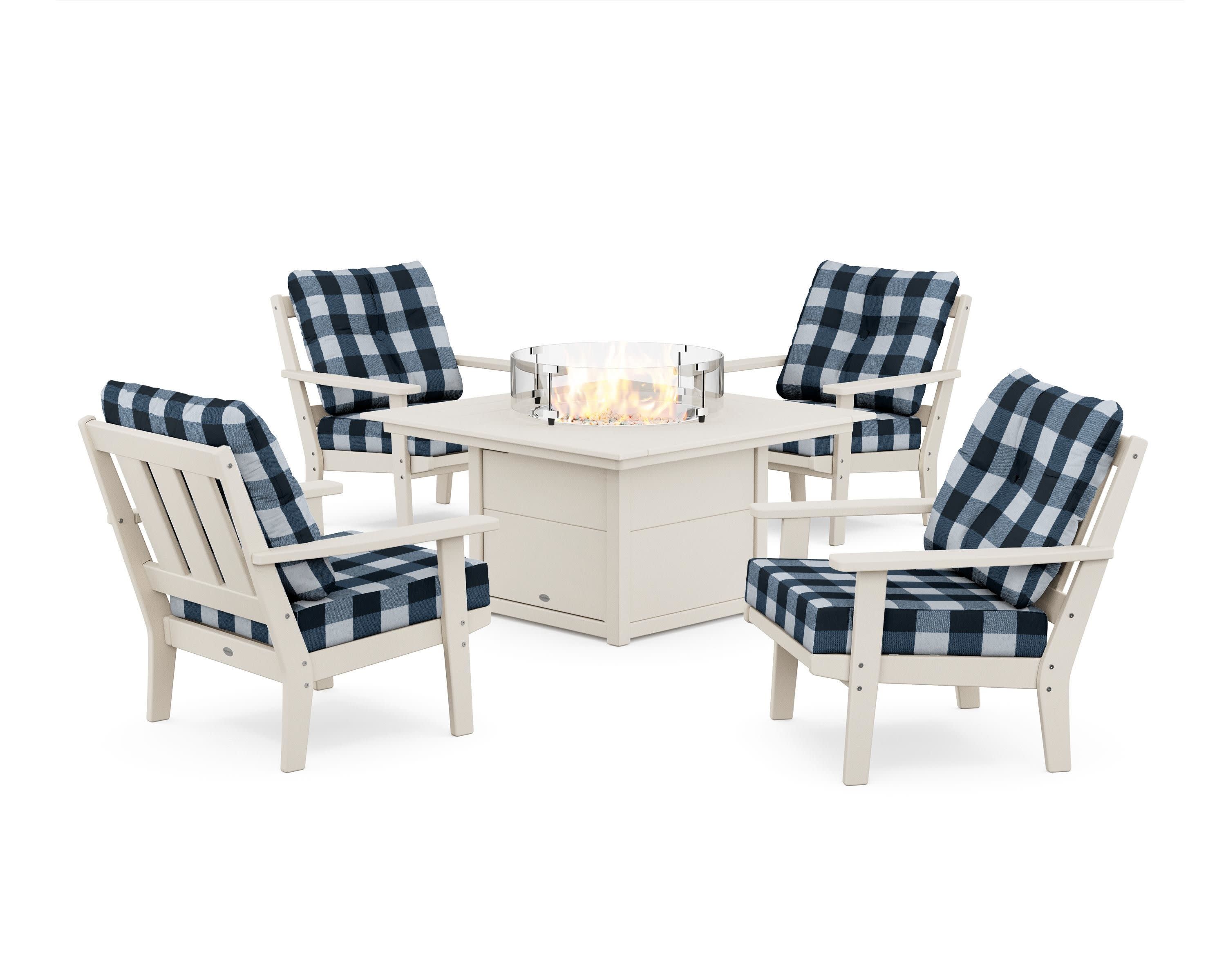 Oxford 5-Piece Deep Seating Set with Fire Pit Table in Sand / Buffalo Plaid Marine Indigo