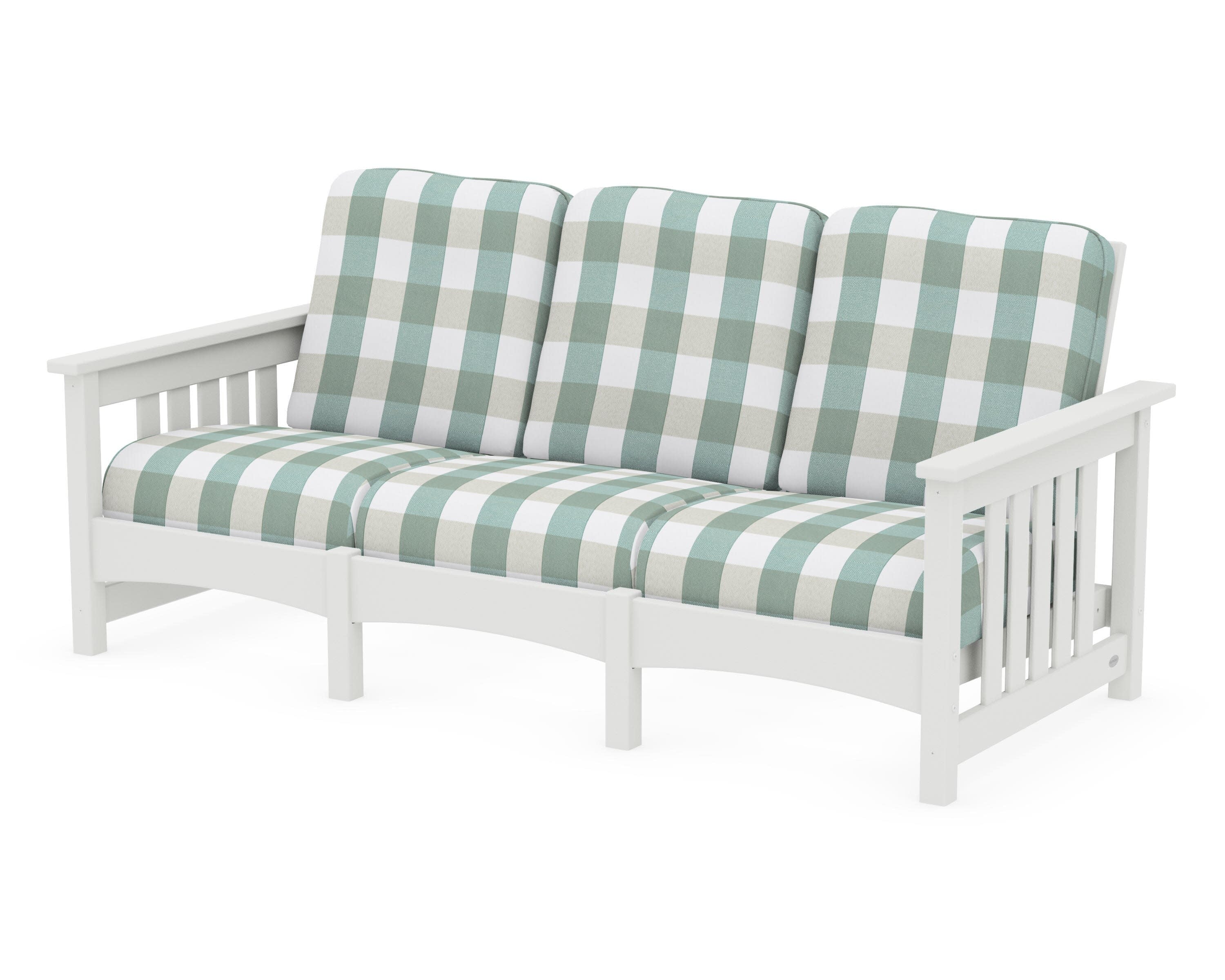 Club Mission Sofa in Vintage White / Buffalo Plaid Glacier Spa