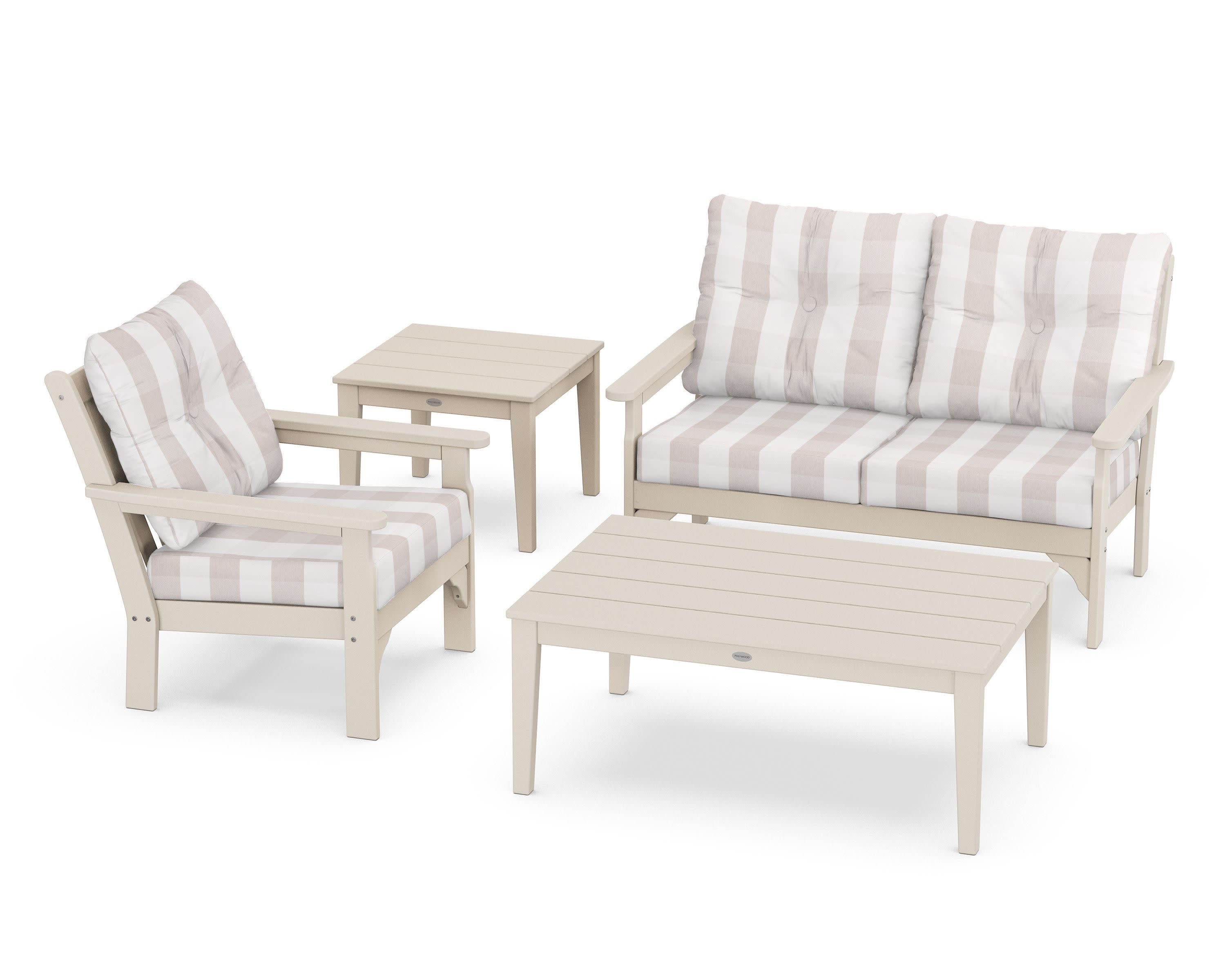Vineyard 4-Piece Deep Seating Set in Sand / Buffalo Plaid Dune Burlap