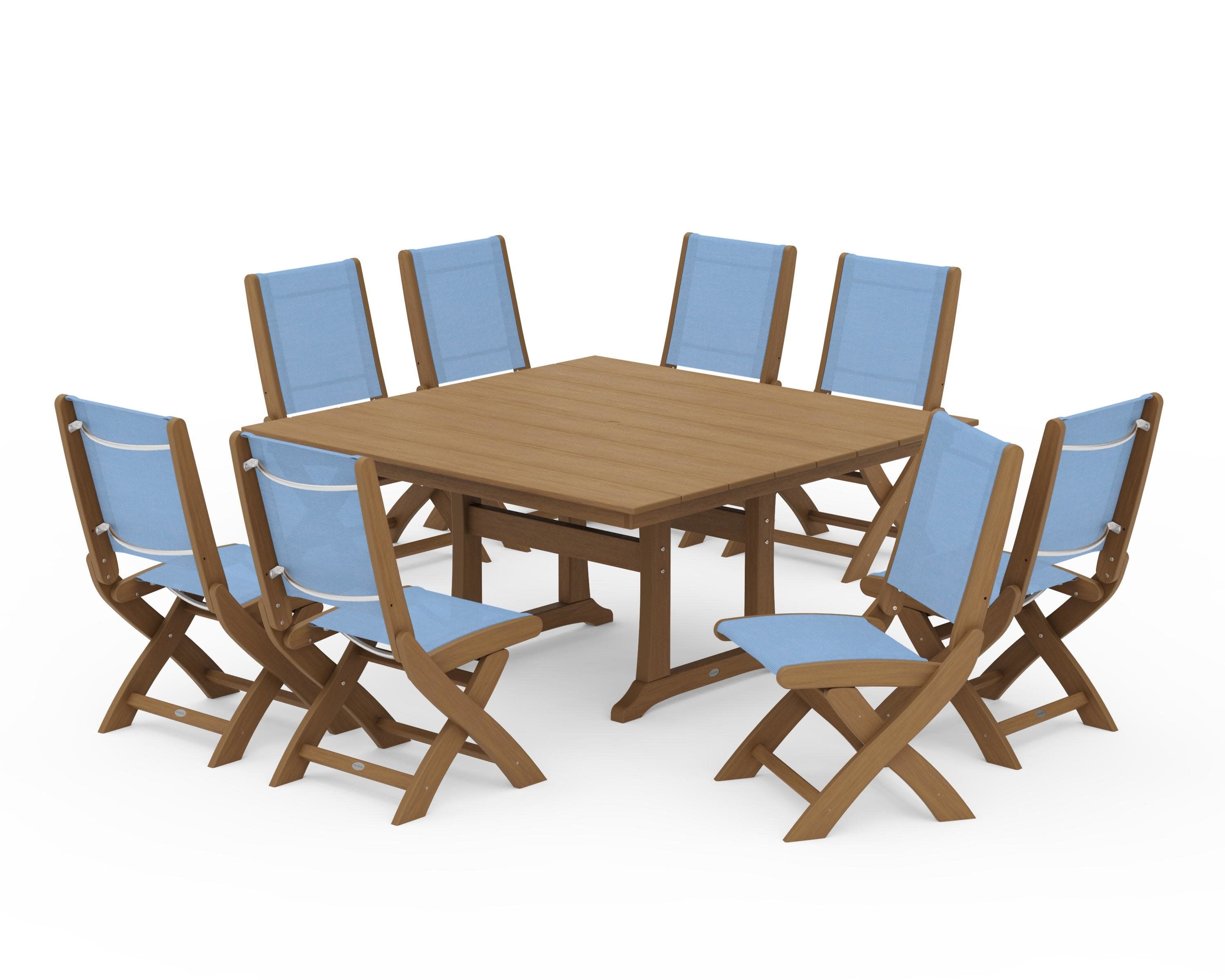 Coastal Folding Side Chair 9-Piece Farmhouse Dining Set in Natural / Poolside Sling
