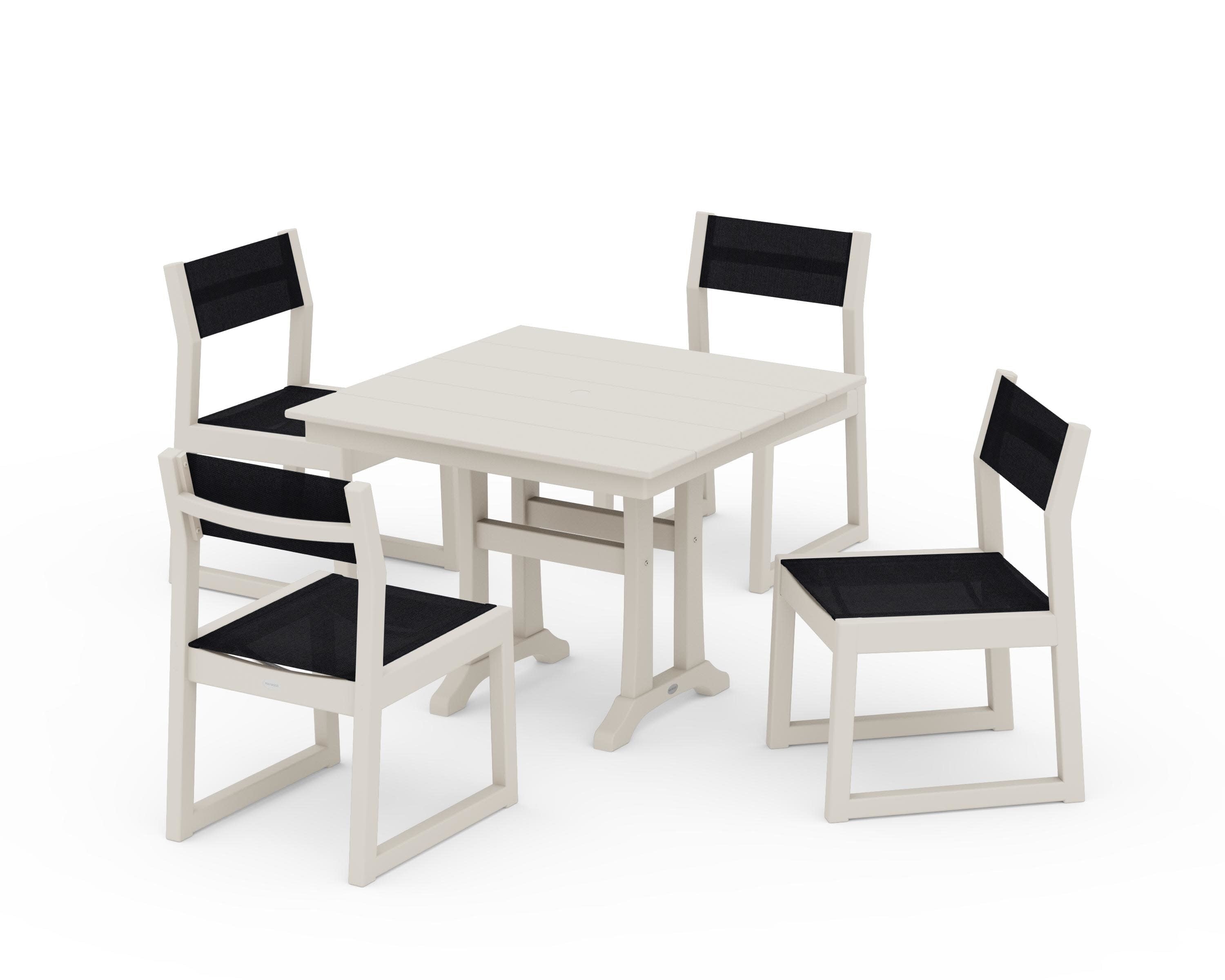 EDGE Sling 5-Piece Farmhouse Trestle Side Chair Dining Set in Sand / Black Sling