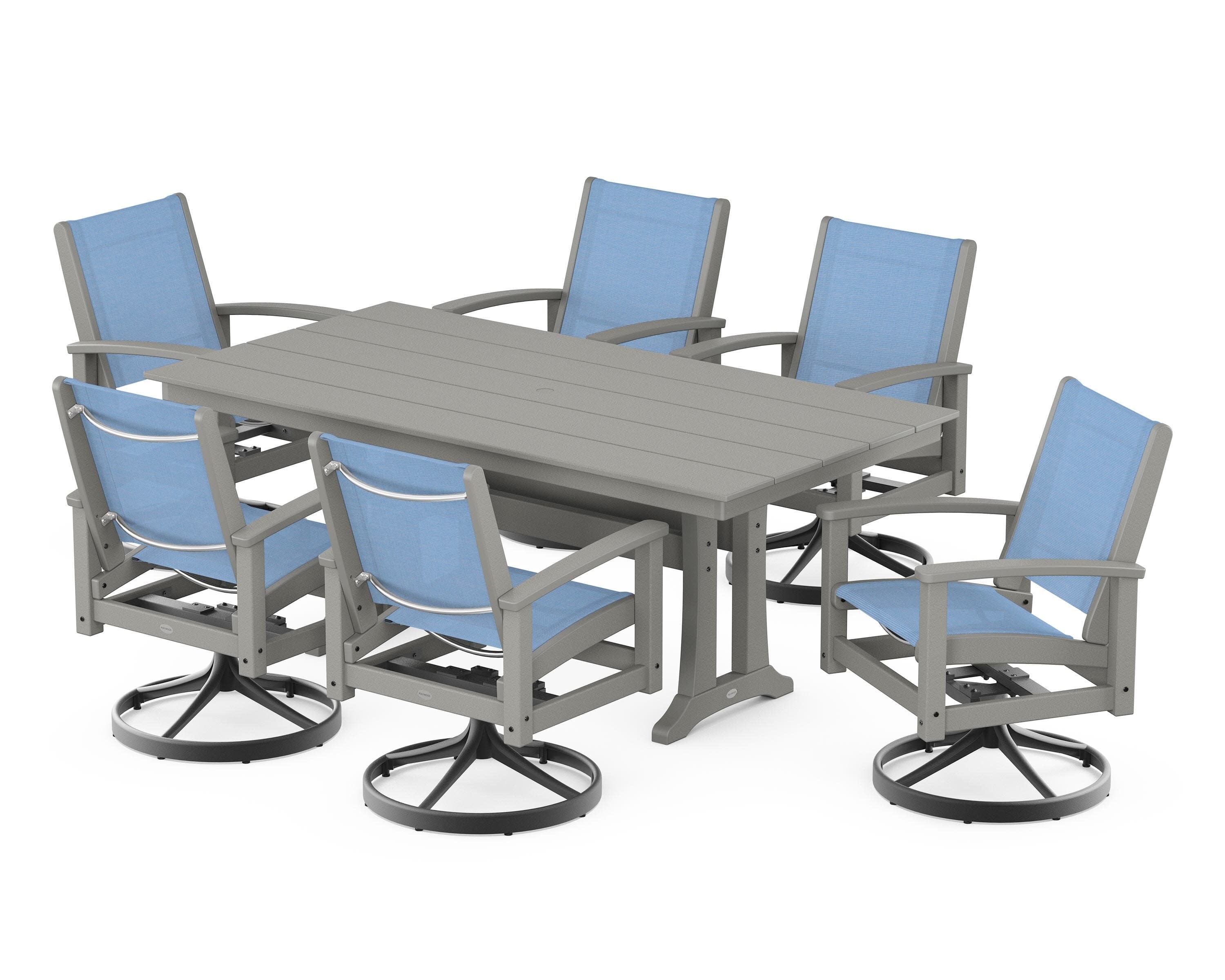 7 Piece Coastal Swivel Rocker Dining Set in Textured Black / Slate Grey / Poolside Sling