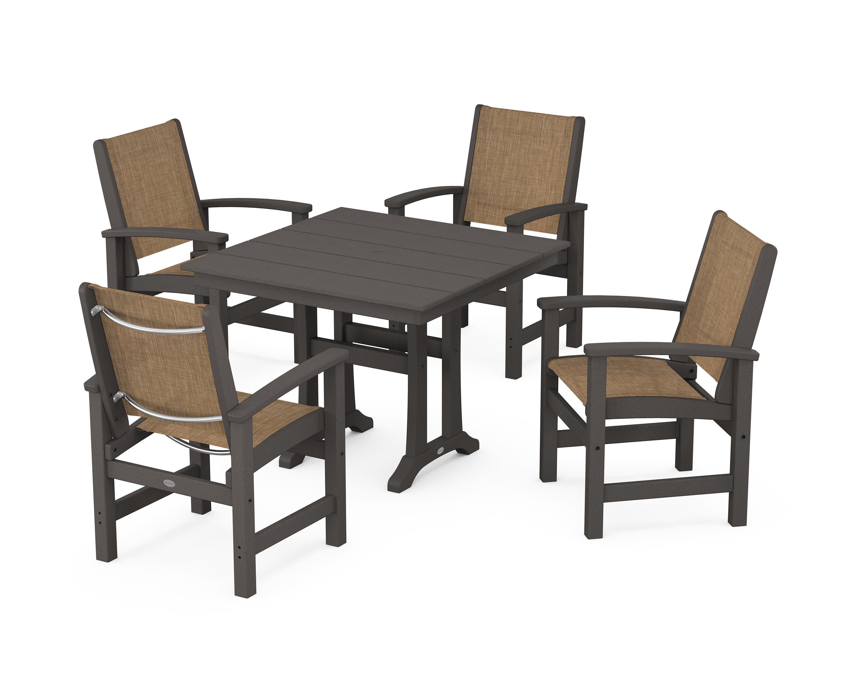Coastal 5-Piece Farmhouse Dining Set With Trestle Legs in Vintage Coffee / Burlap Sling