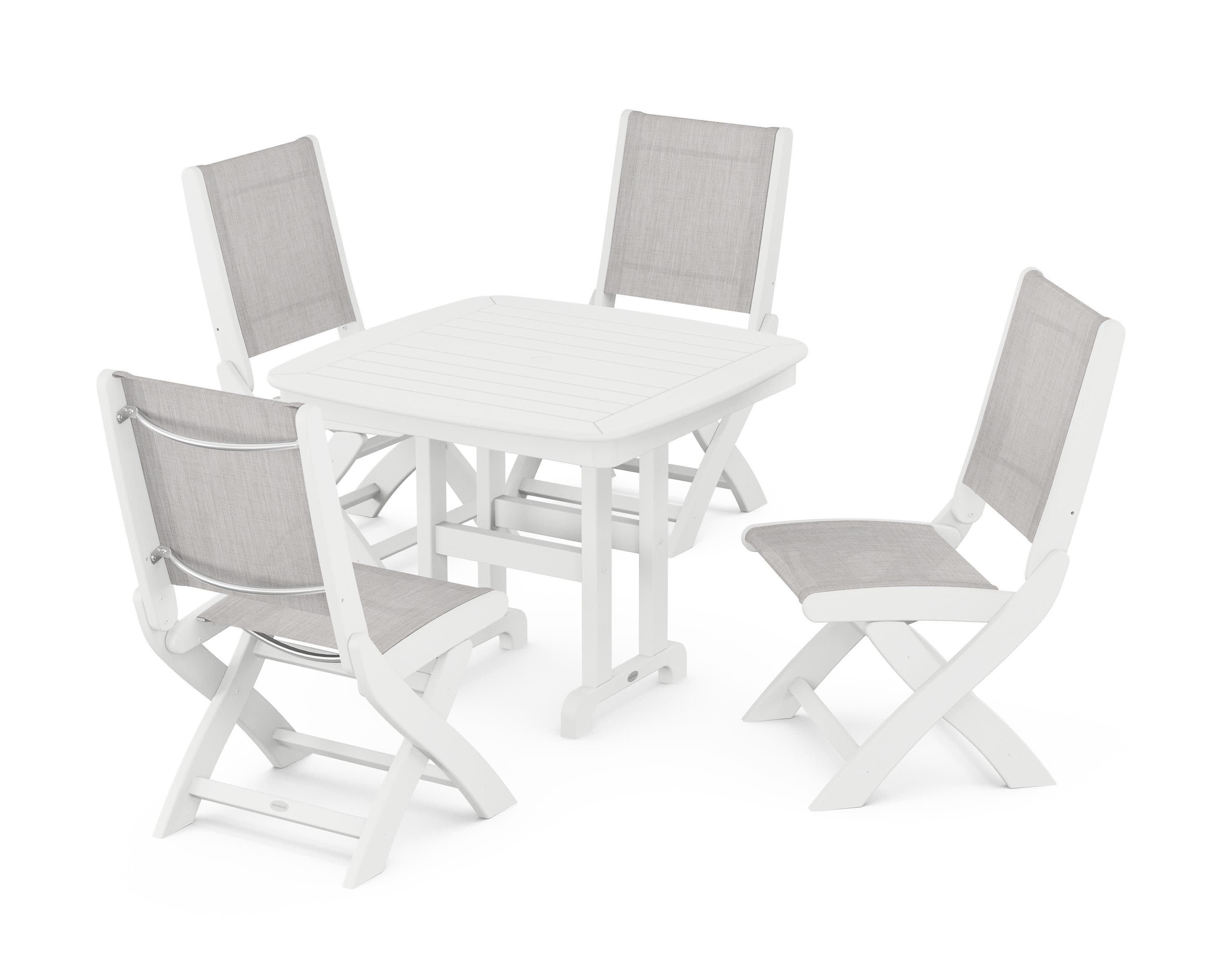 Coastal Folding Side Chair 5-Piece Dining Set in White / Parchment Sling