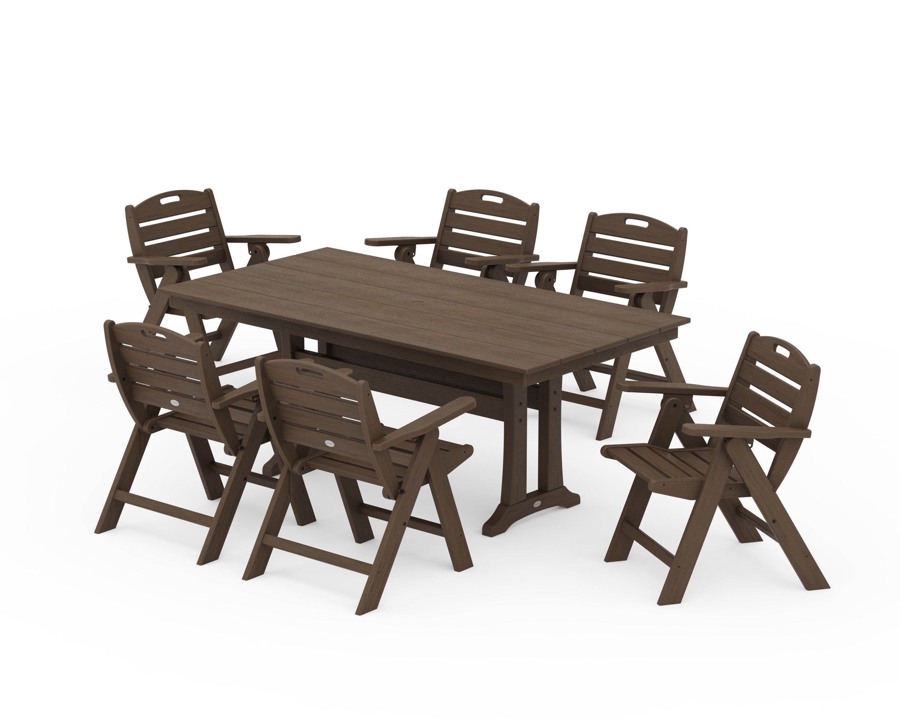 Nautical Lowback 7-Piece Farmhouse Dining Set with Trestle Legs in Kona