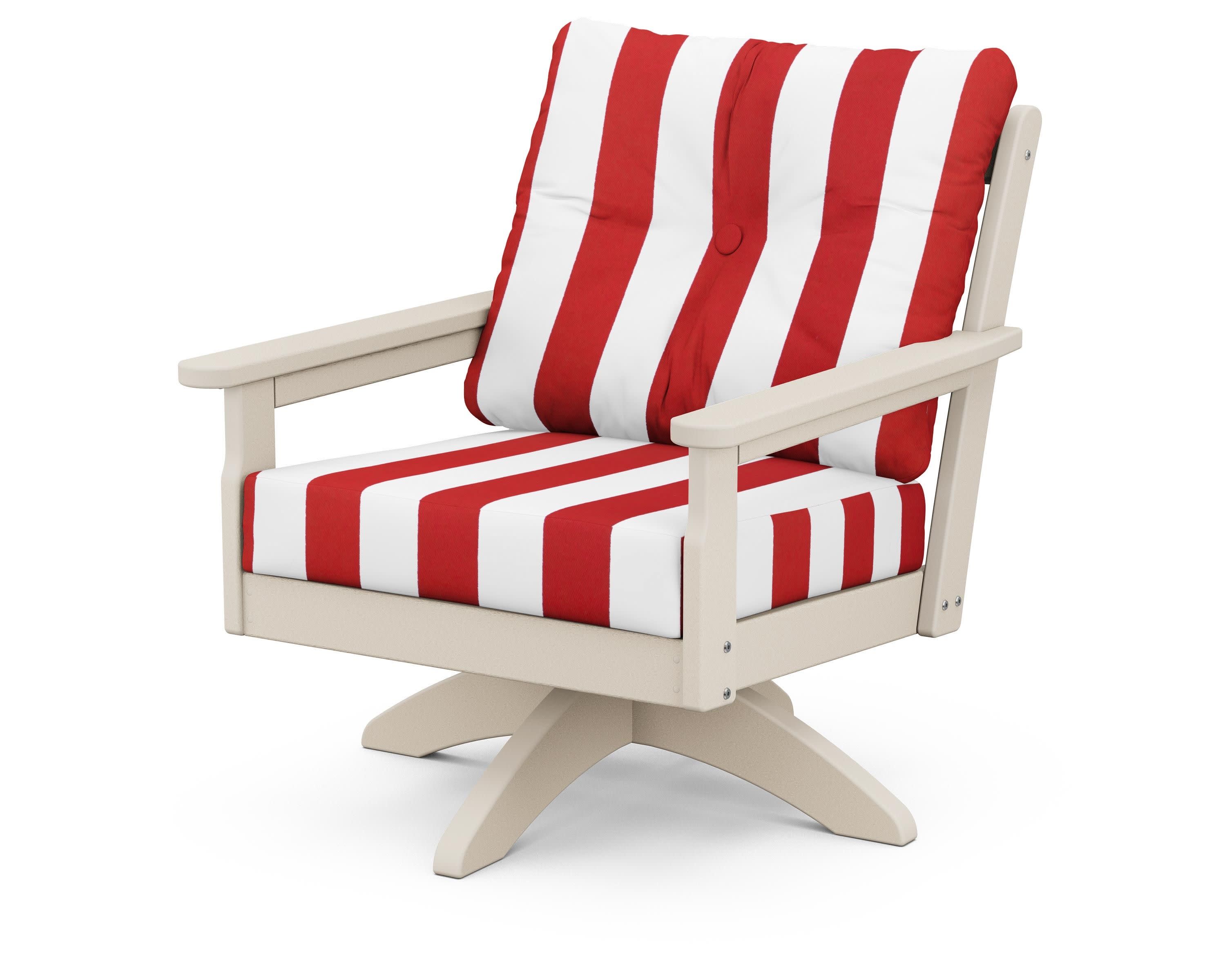 Vineyard Deep Seating Swivel Chair in Sand / Cabana Stripe Crimson