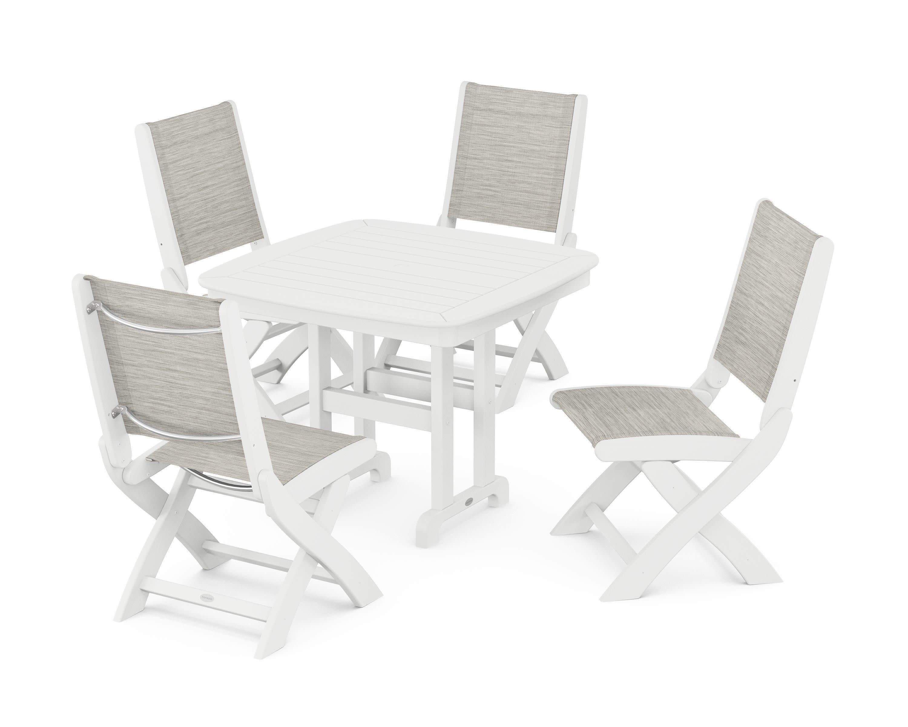 Coastal Folding Side Chair 5-Piece Dining Set in White / Birch Sling