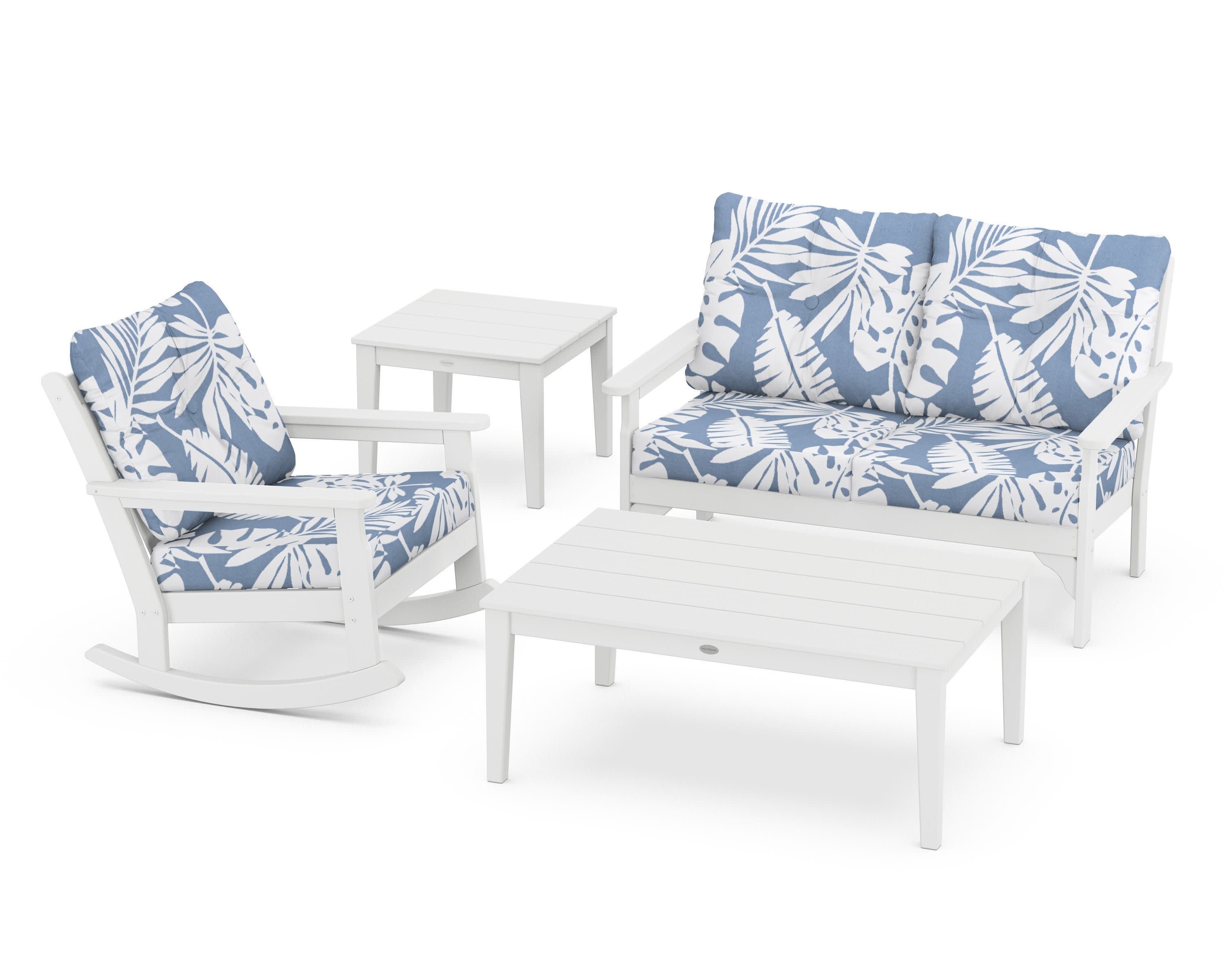 Vineyard 4-Piece Deep Seating Rocker Set in White / Leaf Sky Blue