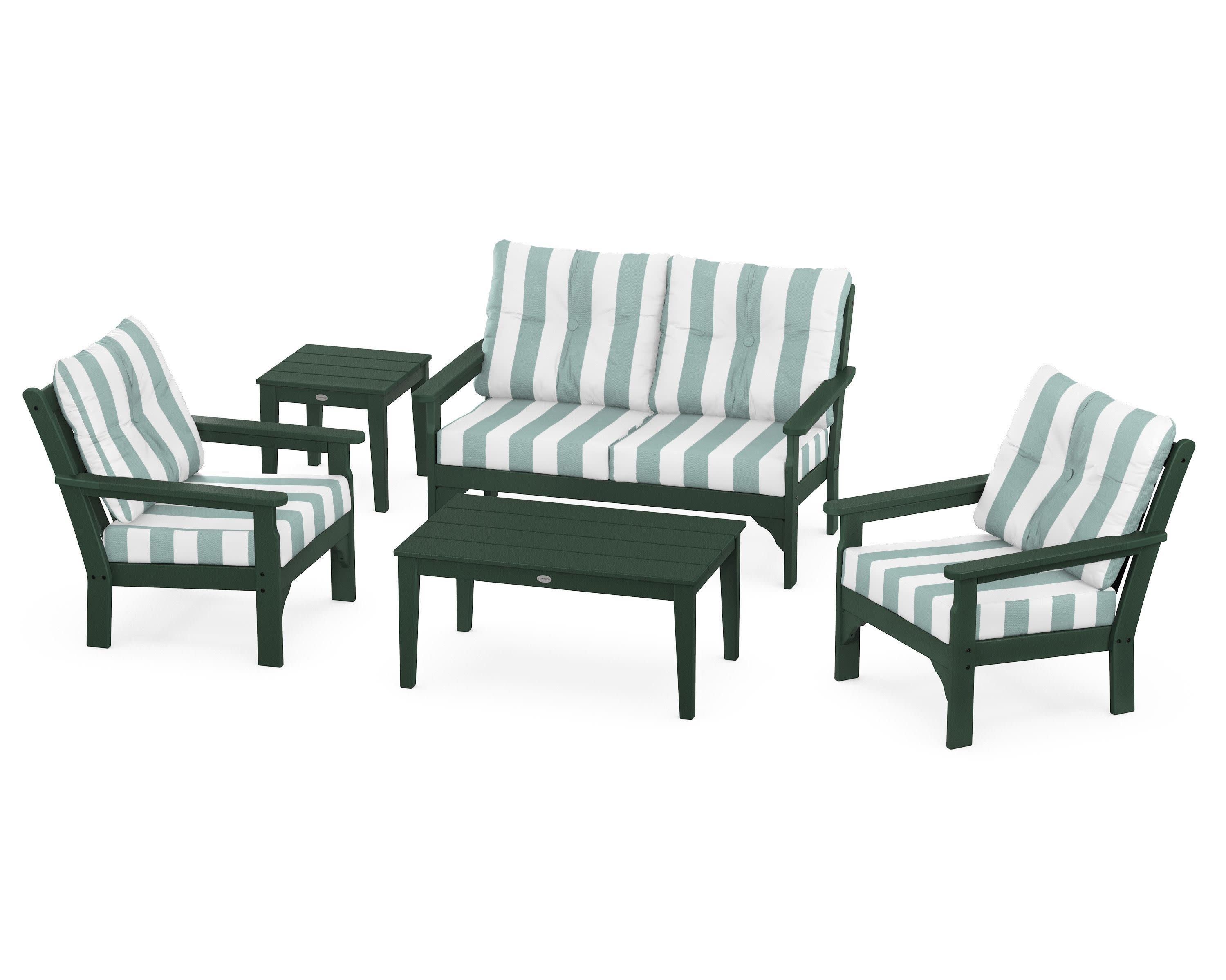 Vineyard 5-Piece Deep Seating Set in Green / Cabana Stripe Glacier Spa