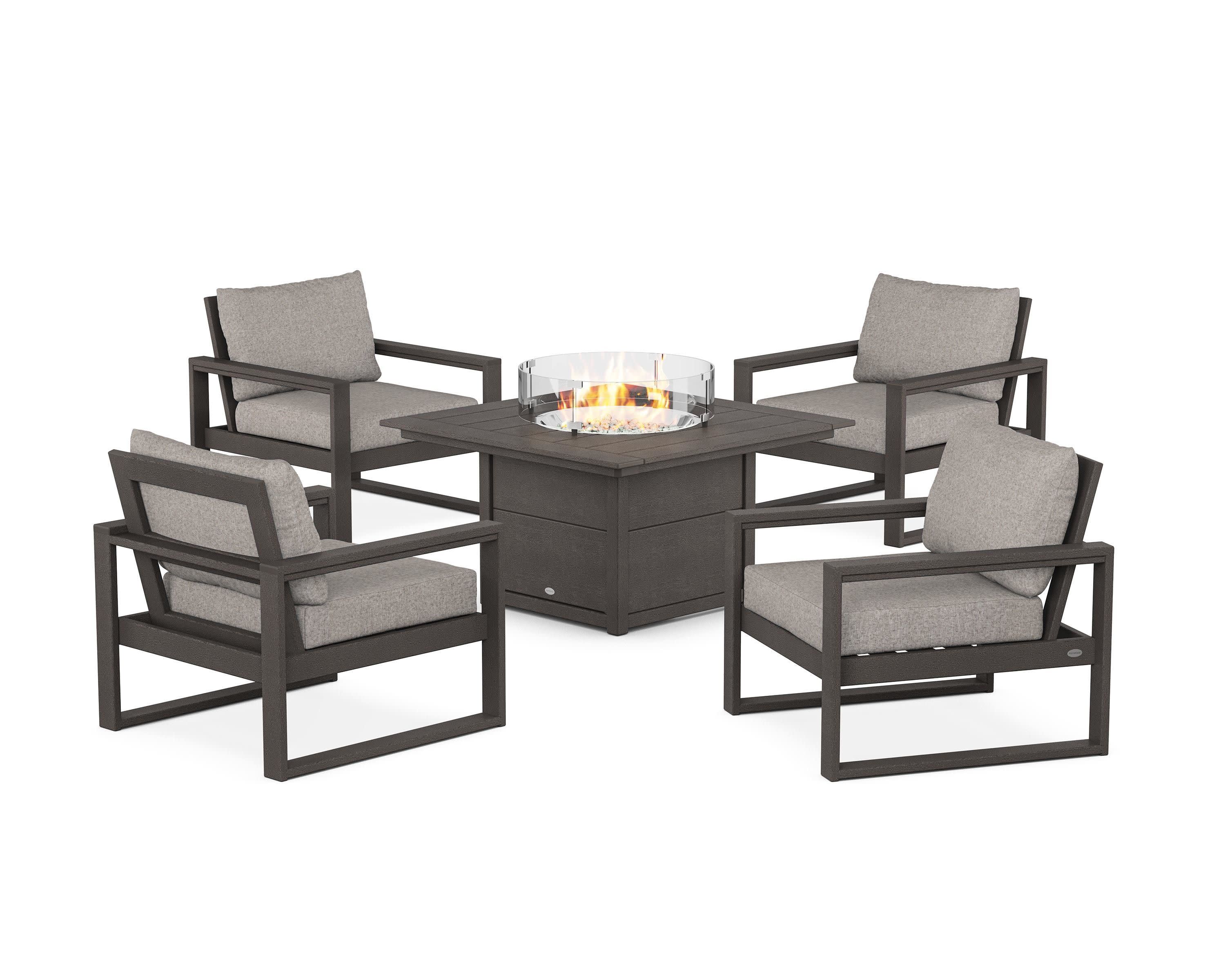 EDGE Sectional 5-Piece Deep Seating Set with Fire Pit Table in Vintage Coffee / Weathered Tweed