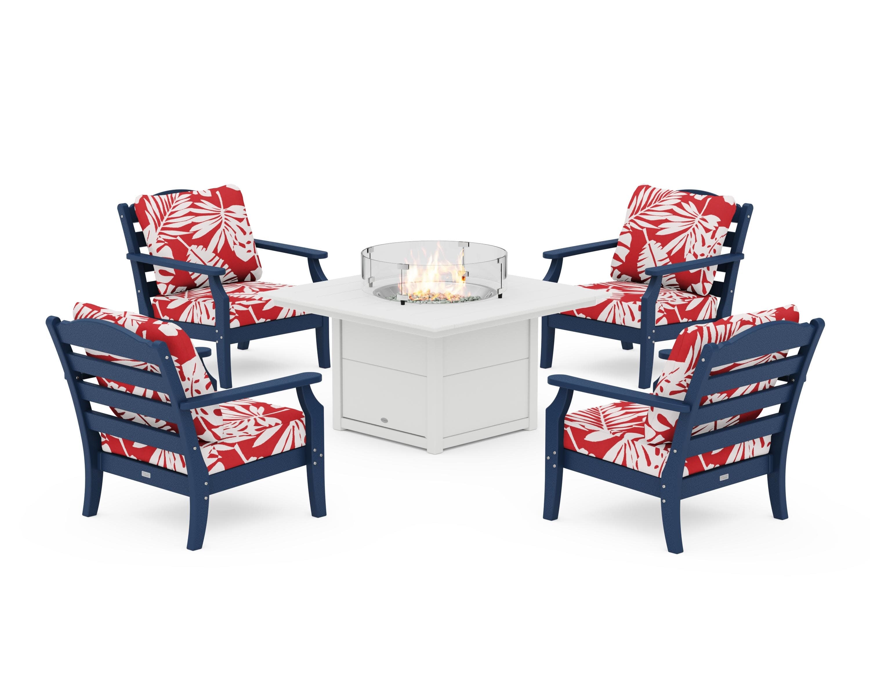 Savannah 5-Piece Deep Seating Set with Fire Pit Table in Navy / Leaf Crimson
