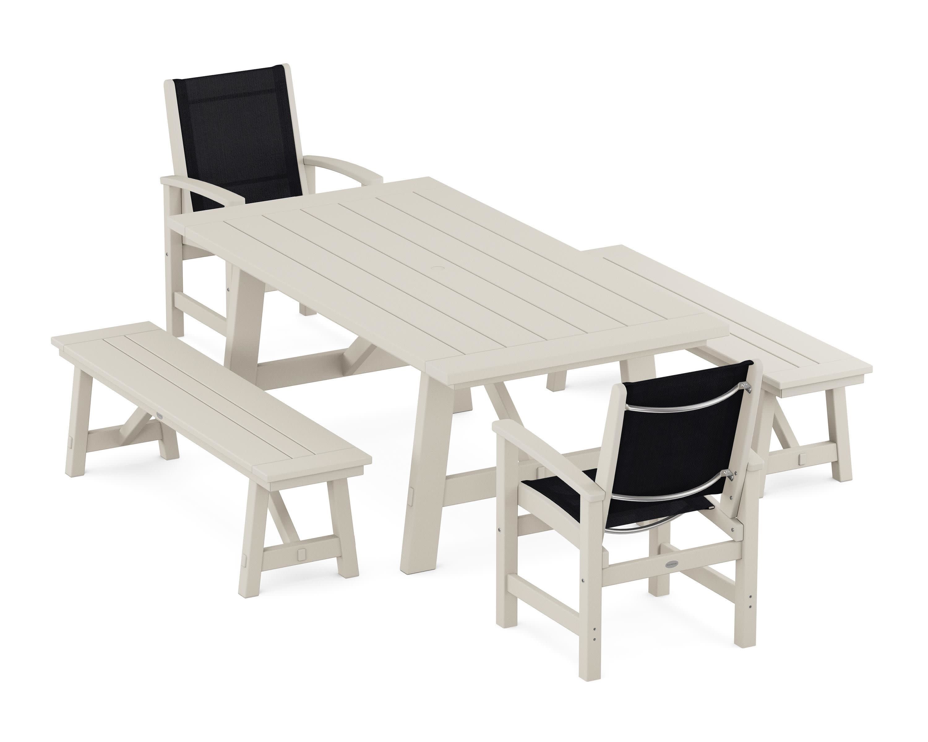 Coastal 5-Piece Rustic Farmhouse Dining Set With Benches in Sand / Black Sling