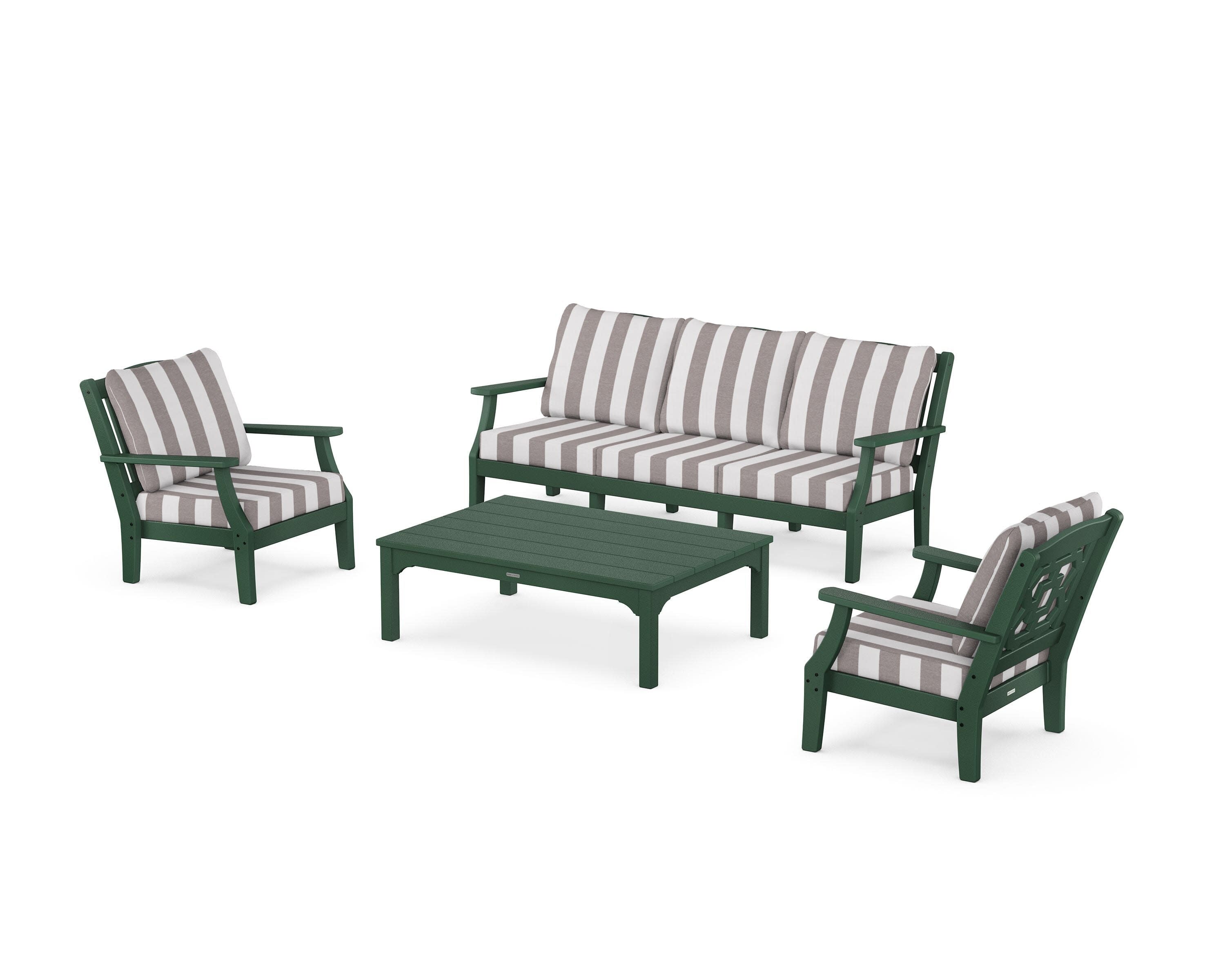 Chinoiserie 4-Piece Deep Seating Set with Sofa in Green / Cabana Stripe Grey Mist