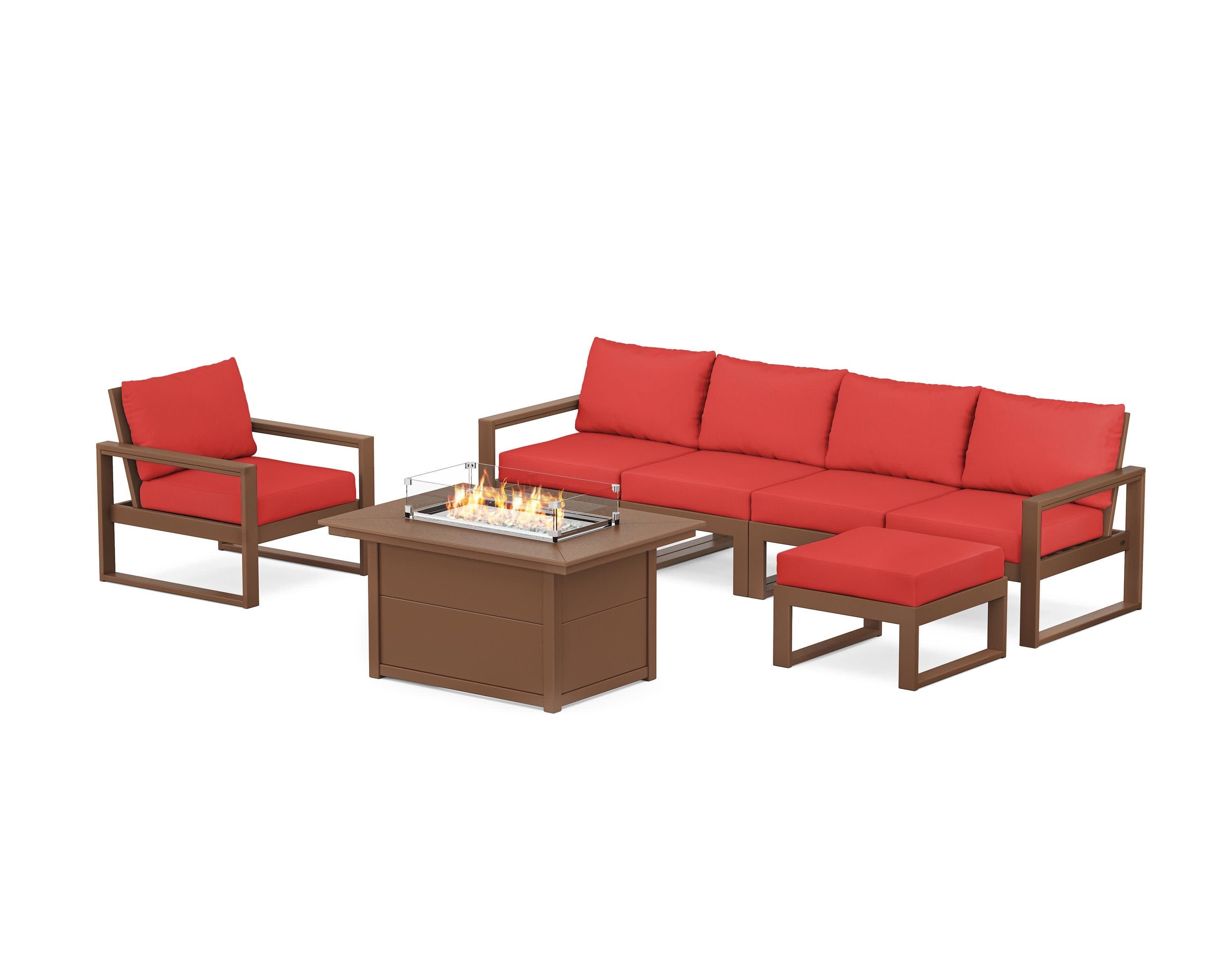 EDGE Sectional Lounge and Fire Pit Set in Teak / Crimson Linen