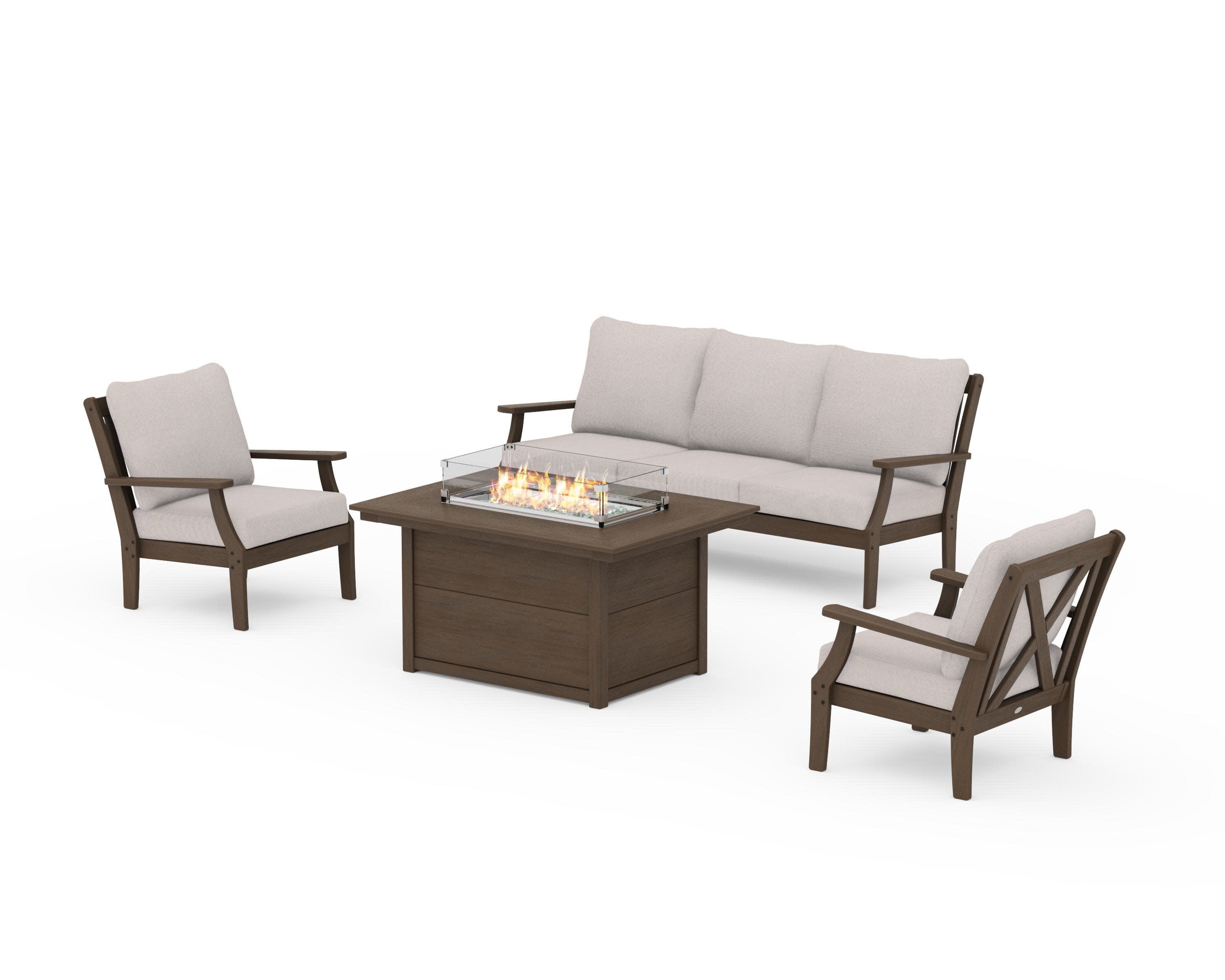 Braxton Deep Seating Fire Pit Table Set in Kona / Dune Burlap