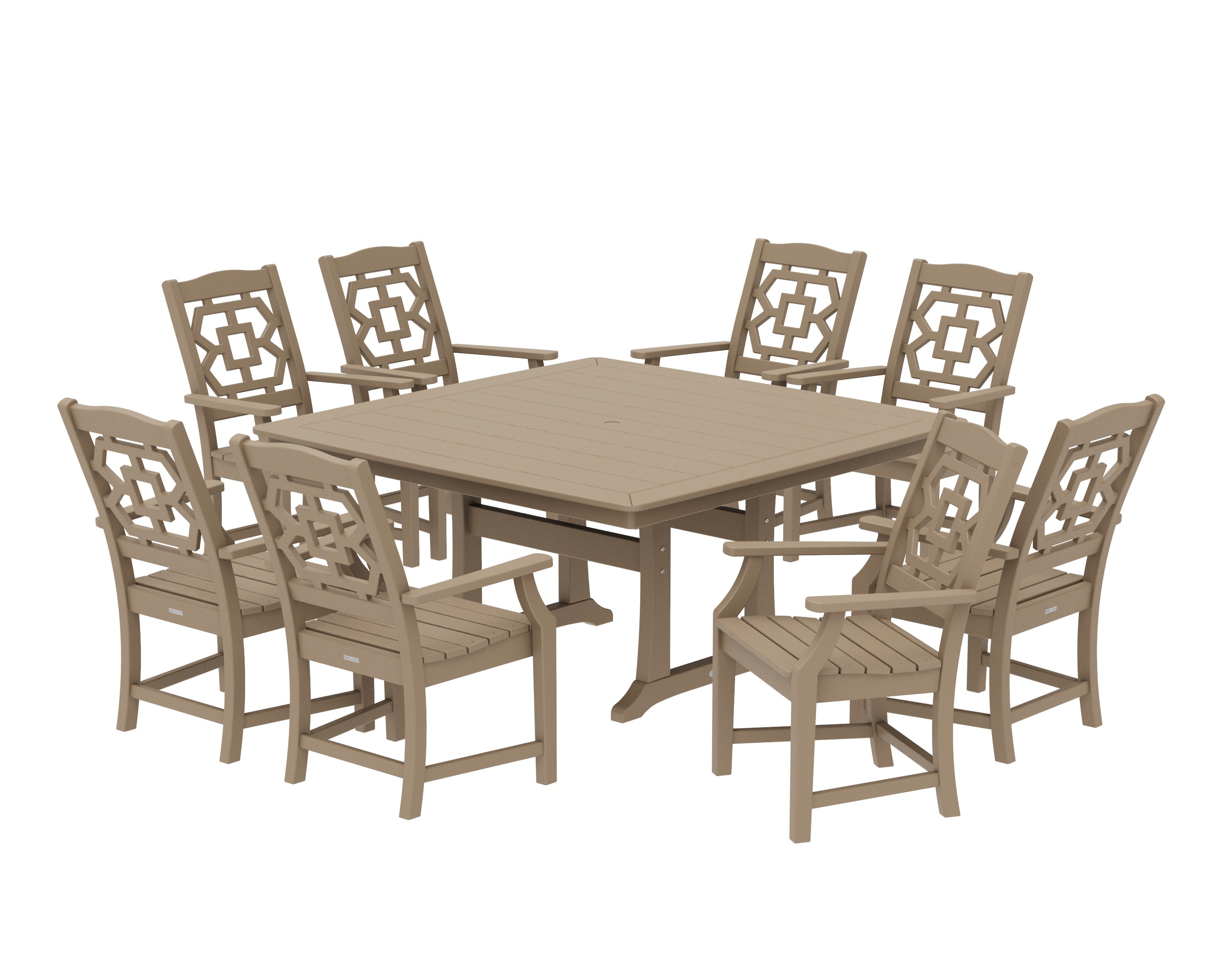 Chinoiserie 9-Piece Square Dining Set with Trestle Legs in Vintage Sahara