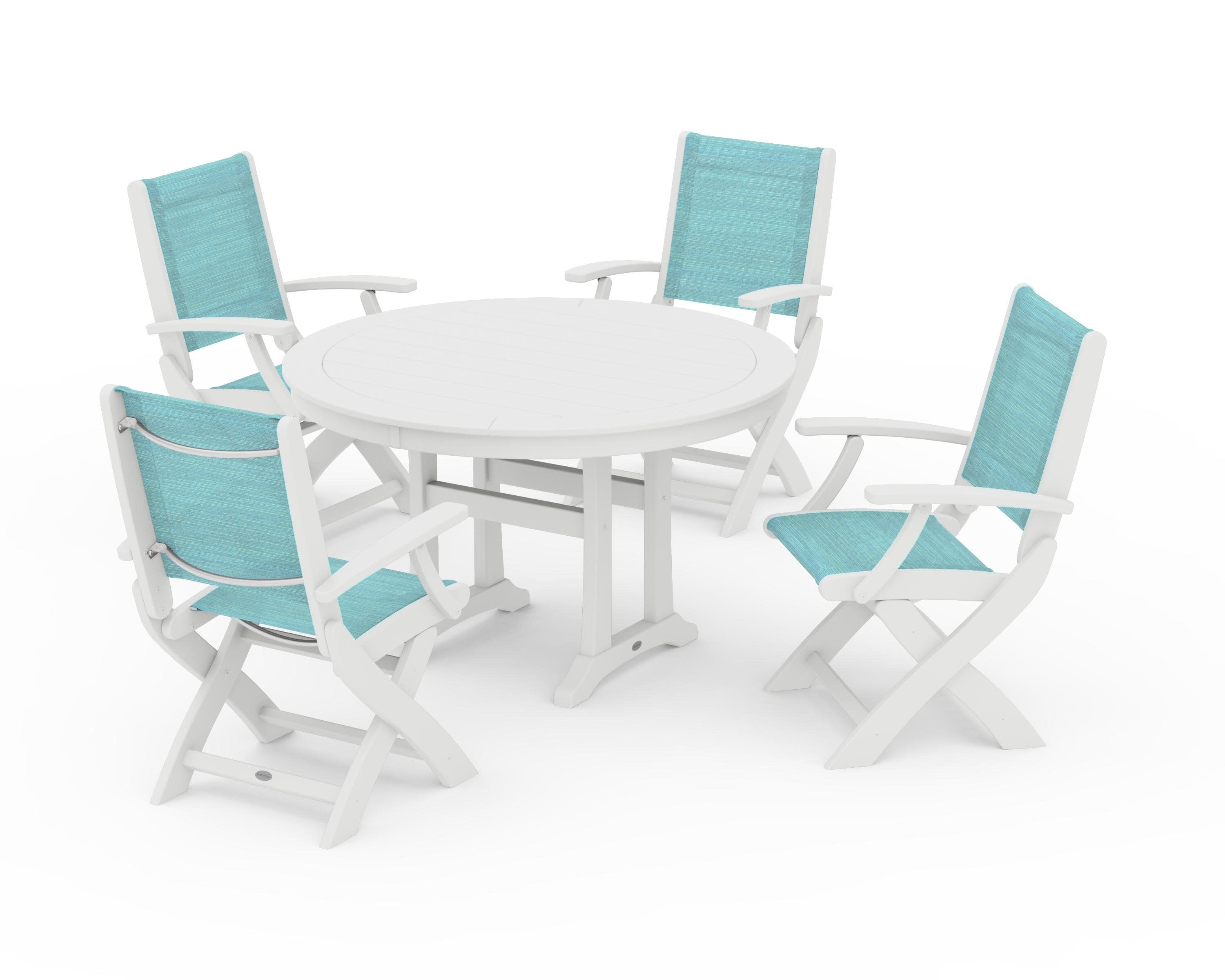 Coastal Folding Chair 5-Piece Round Dining Set with Trestle Legs in White / Dupioni Aquamarine Sling