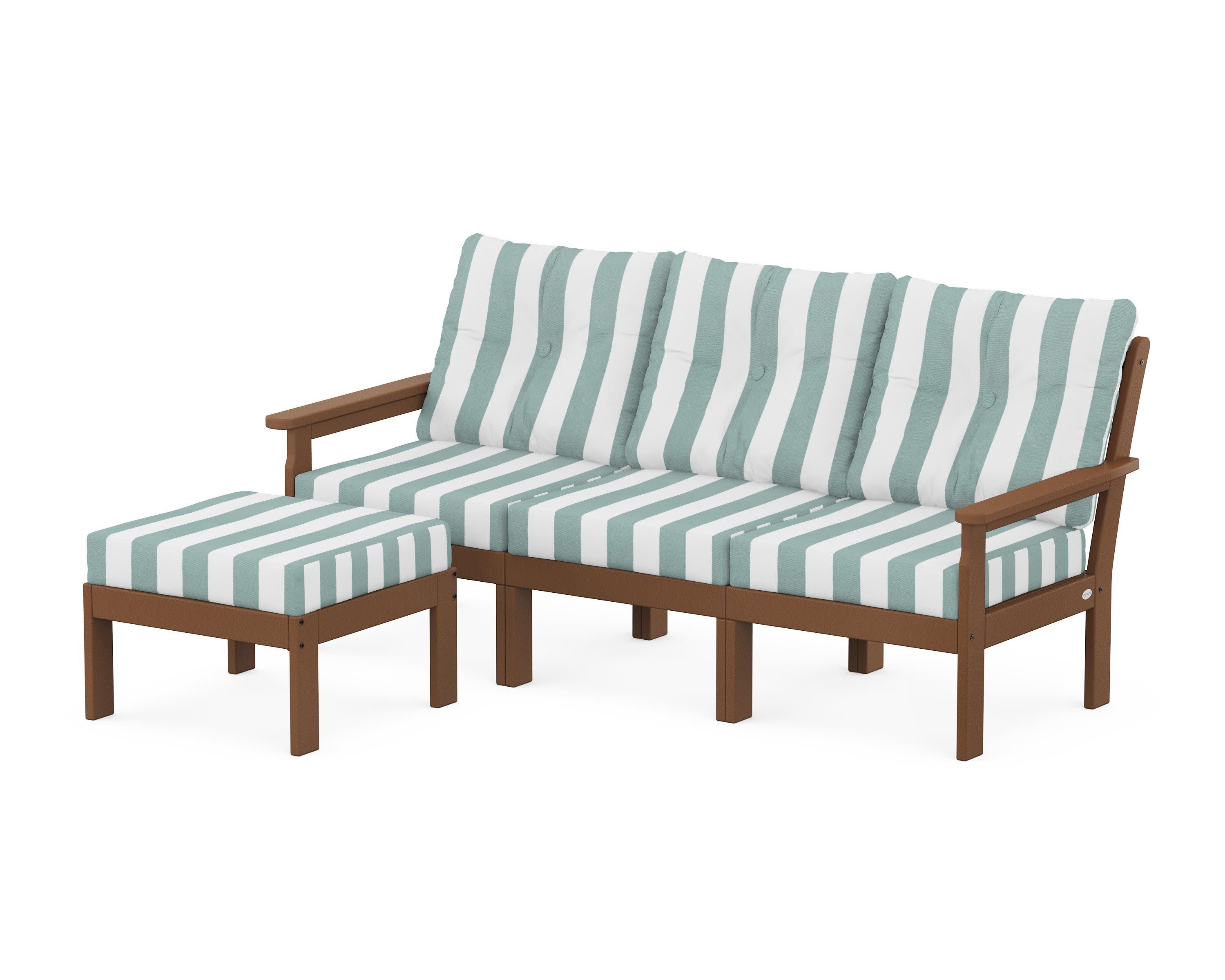 Vineyard 4-Piece Sectional with Ottoman in Teak / Cabana Stripe Glacier Spa