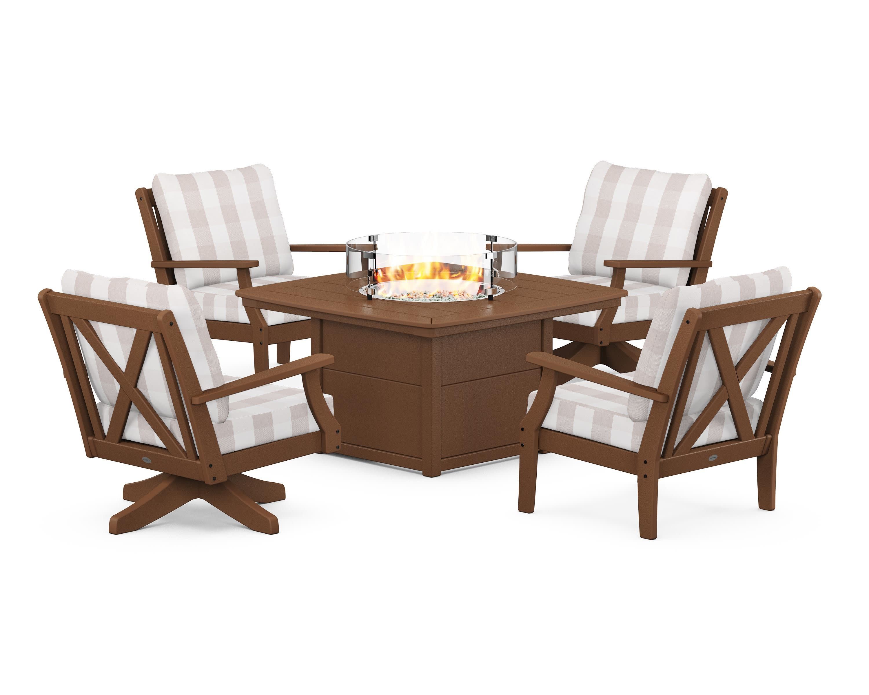 Braxton 5-Piece Deep Seating Set with Fire Table in Teak / Buffalo Plaid Dune Burlap