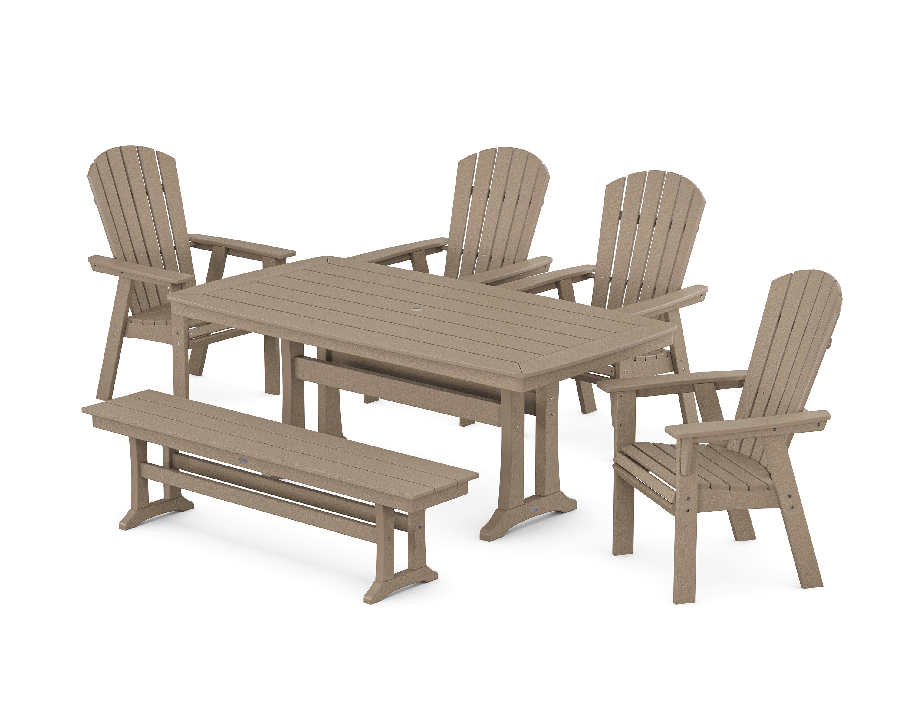 Nautical Curveback Adirondack 6-Piece Dining Set with Trestle Legs and Bench in Vintage Sahara