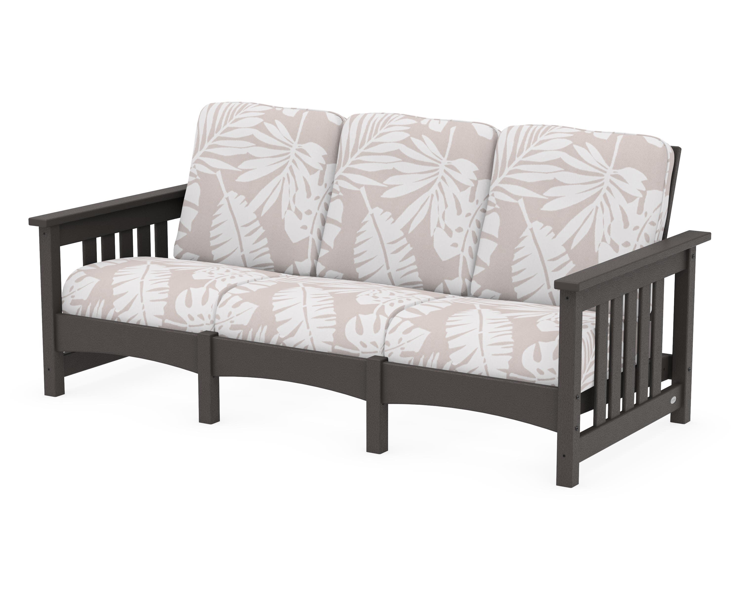 Club Mission Sofa in Vintage Coffee / Leaf Dune Burlap