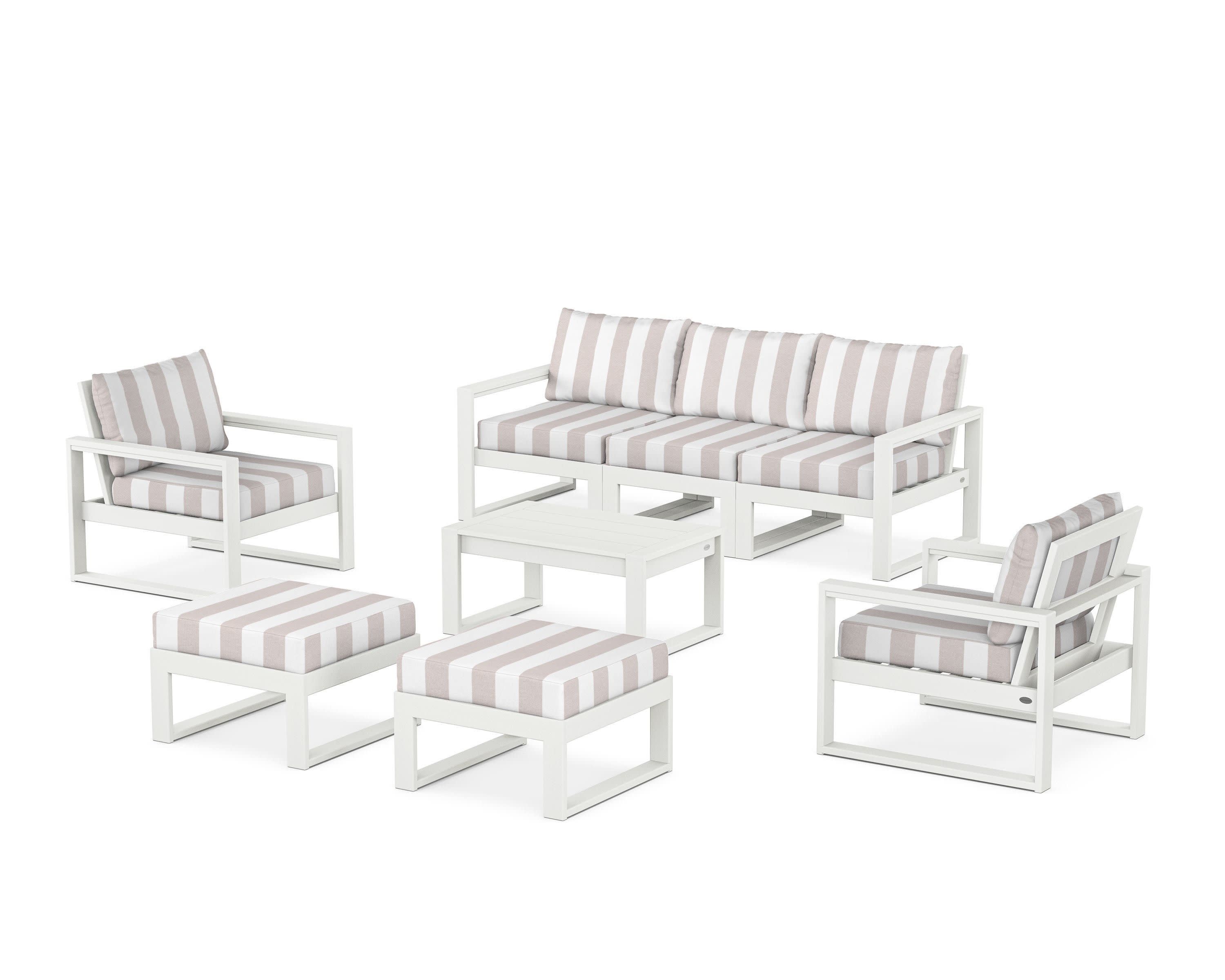 EDGE Sectional 8-Piece Lounge Sofa Set in Vintage White / Cabana Stripe Dune Burlap