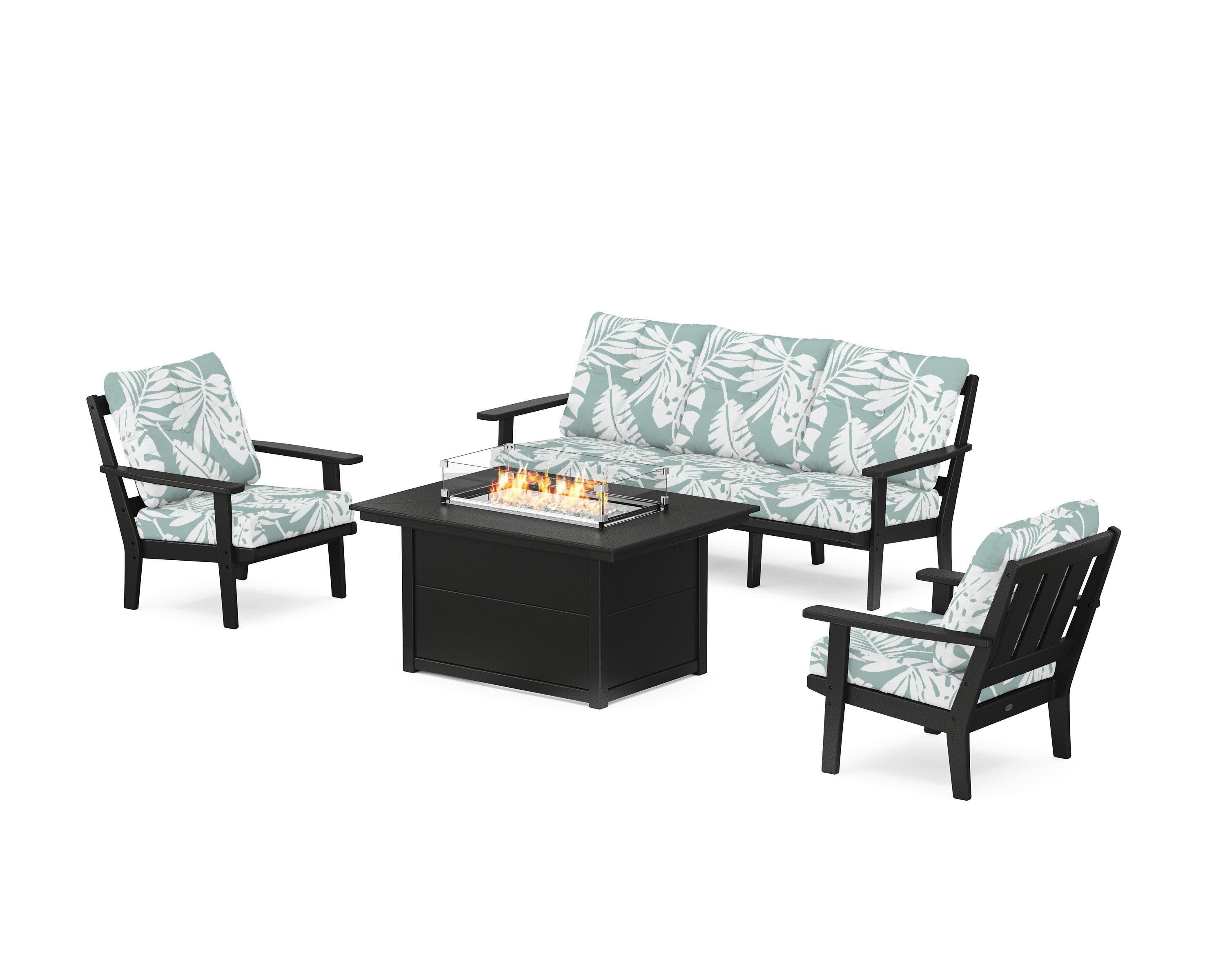 Oxford Deep Seating Fire Pit Table Set in Black / Leaf Glacier Spa