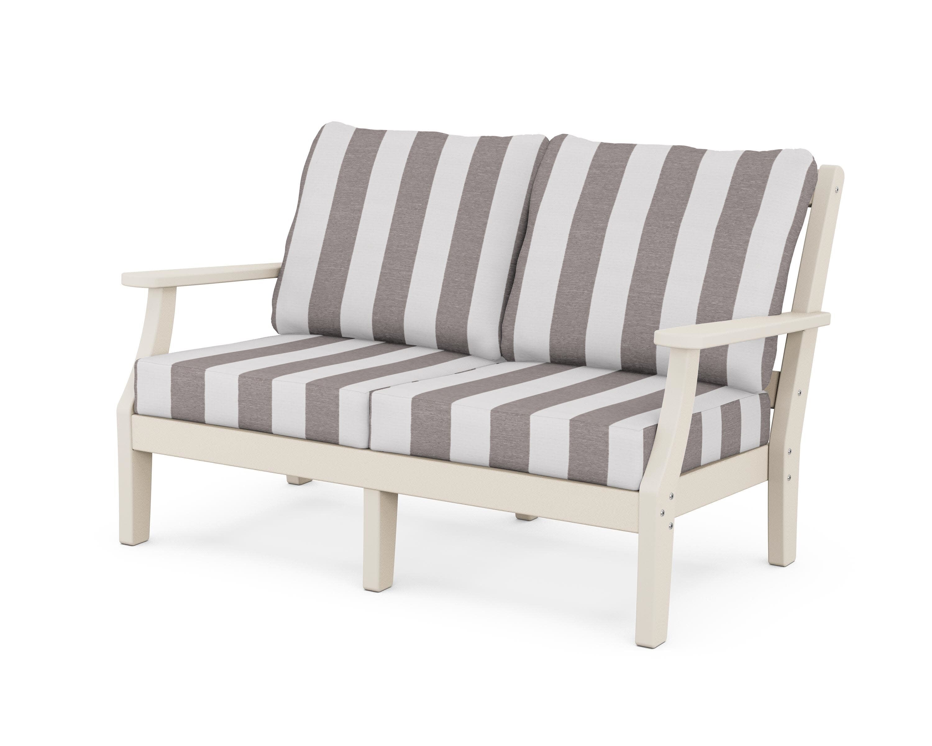Chinoiserie Deep Seating Loveseat in Sand / Cabana Stripe Grey Mist