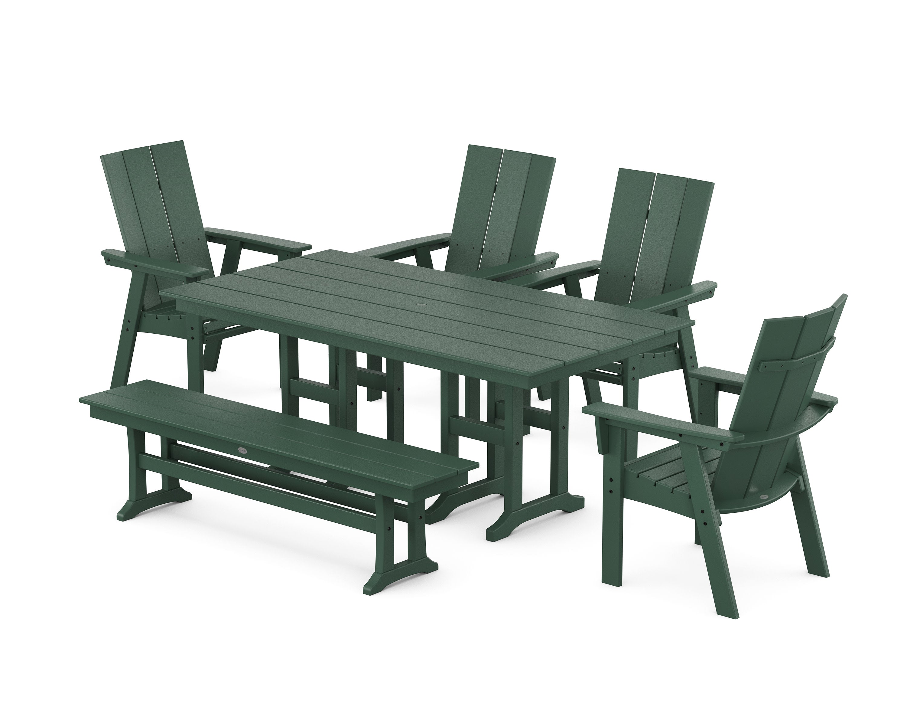 Modern Curveback Adirondack 6-Piece Farmhouse Dining Set with Bench in Green