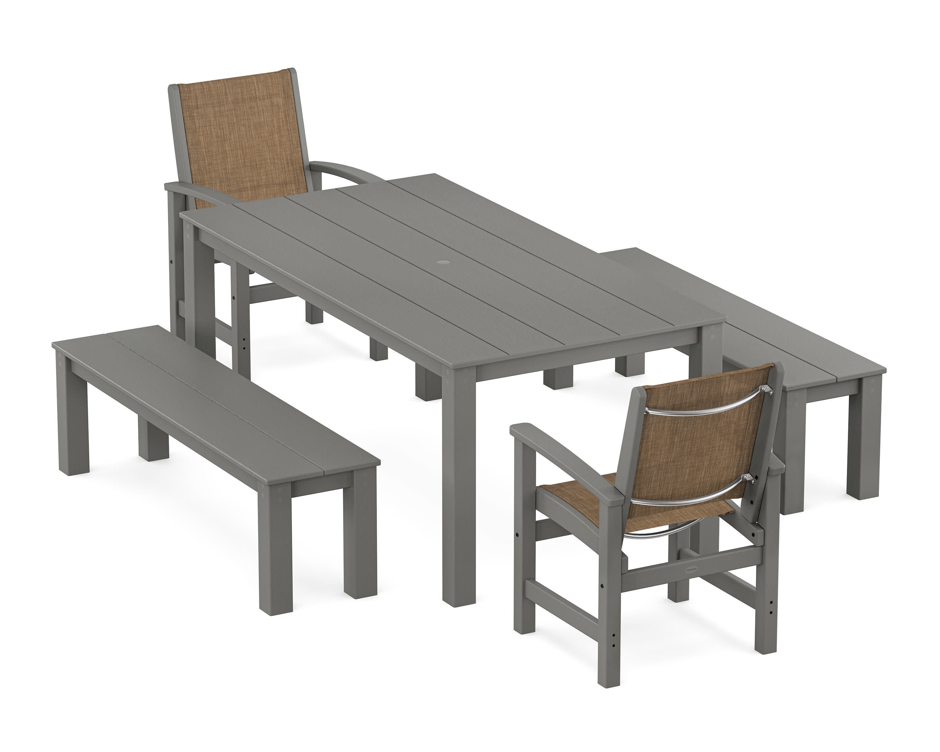Coastal 5-Piece Parsons Dining Set with Benches in Slate Grey / Burlap Sling