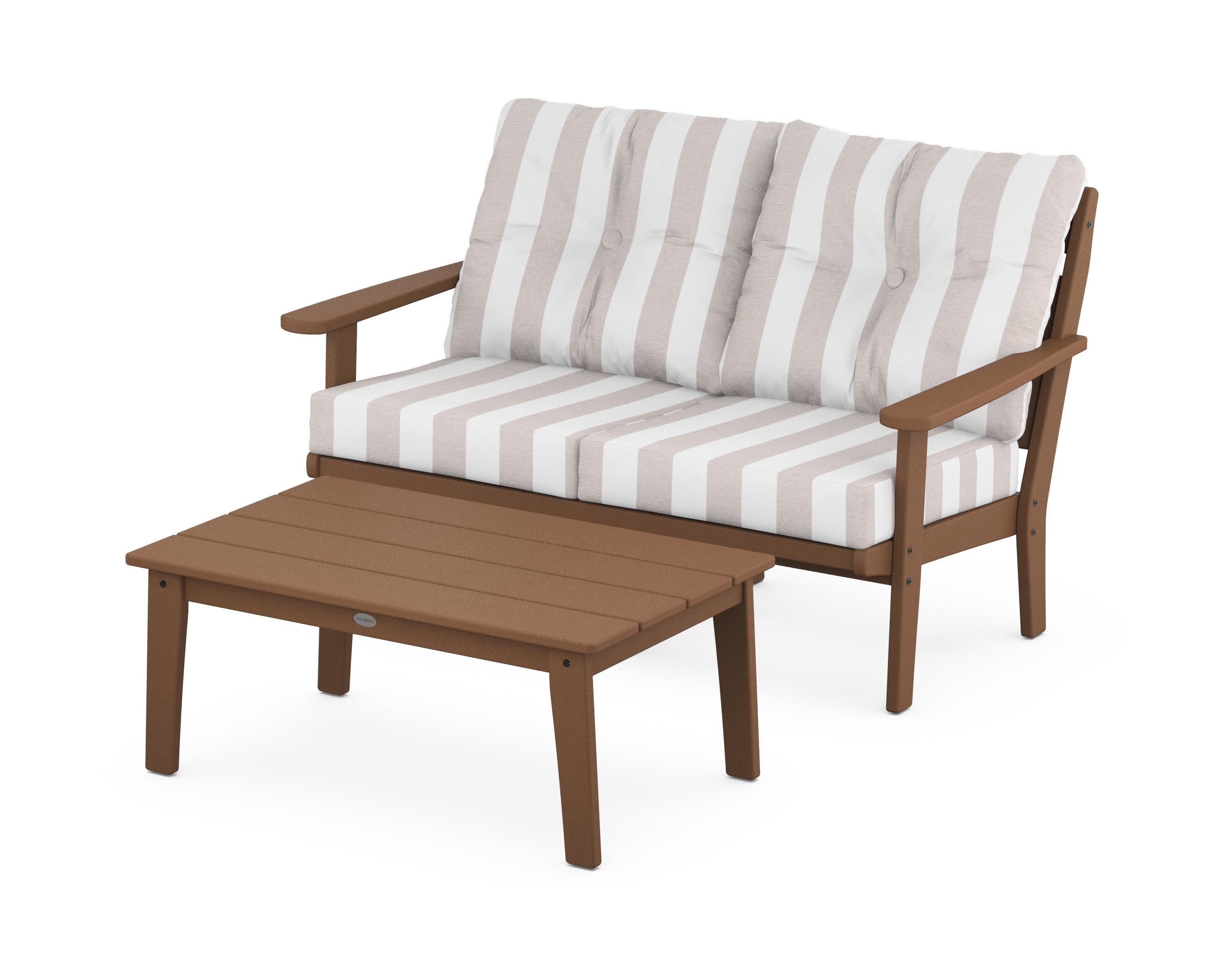 Lakeside 2-Piece Lounge Loveseat Set in Teak / Cabana Stripe Dune Burlap