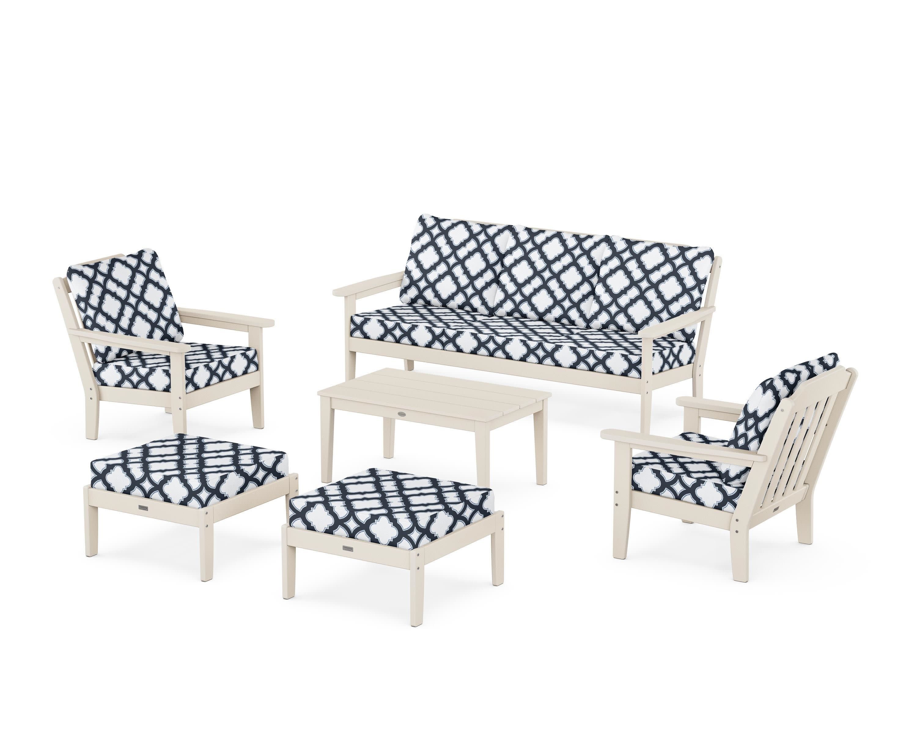 Cottage 6-Piece Lounge Sofa Set in Sand / Trellis Marine Indigo