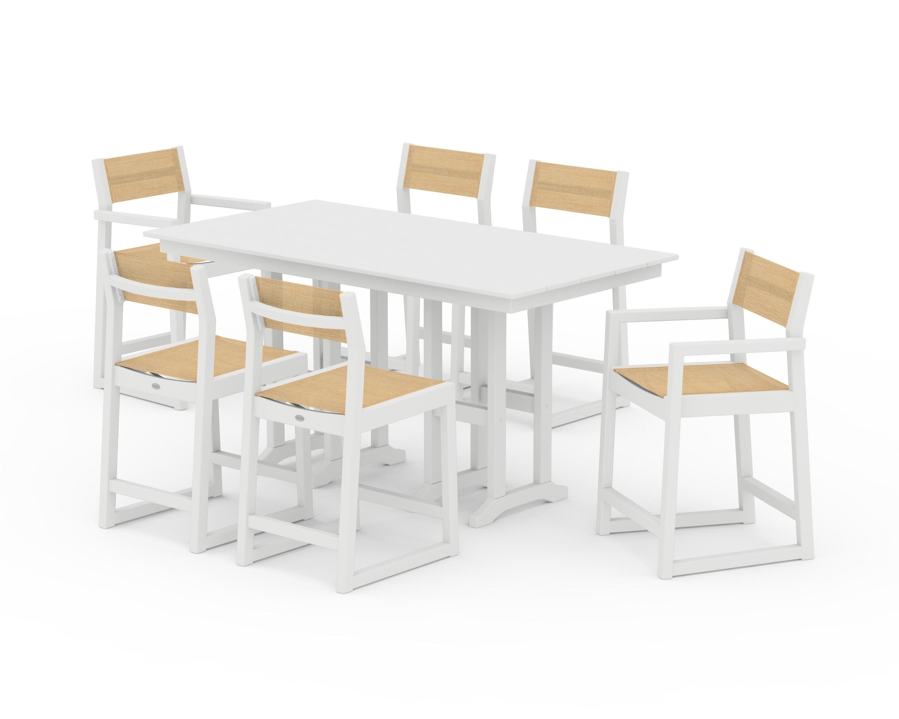 EDGE Sling 7-Piece Farmhouse Counter Set with Trestle Legs in White / Dupioni Apricot Sling